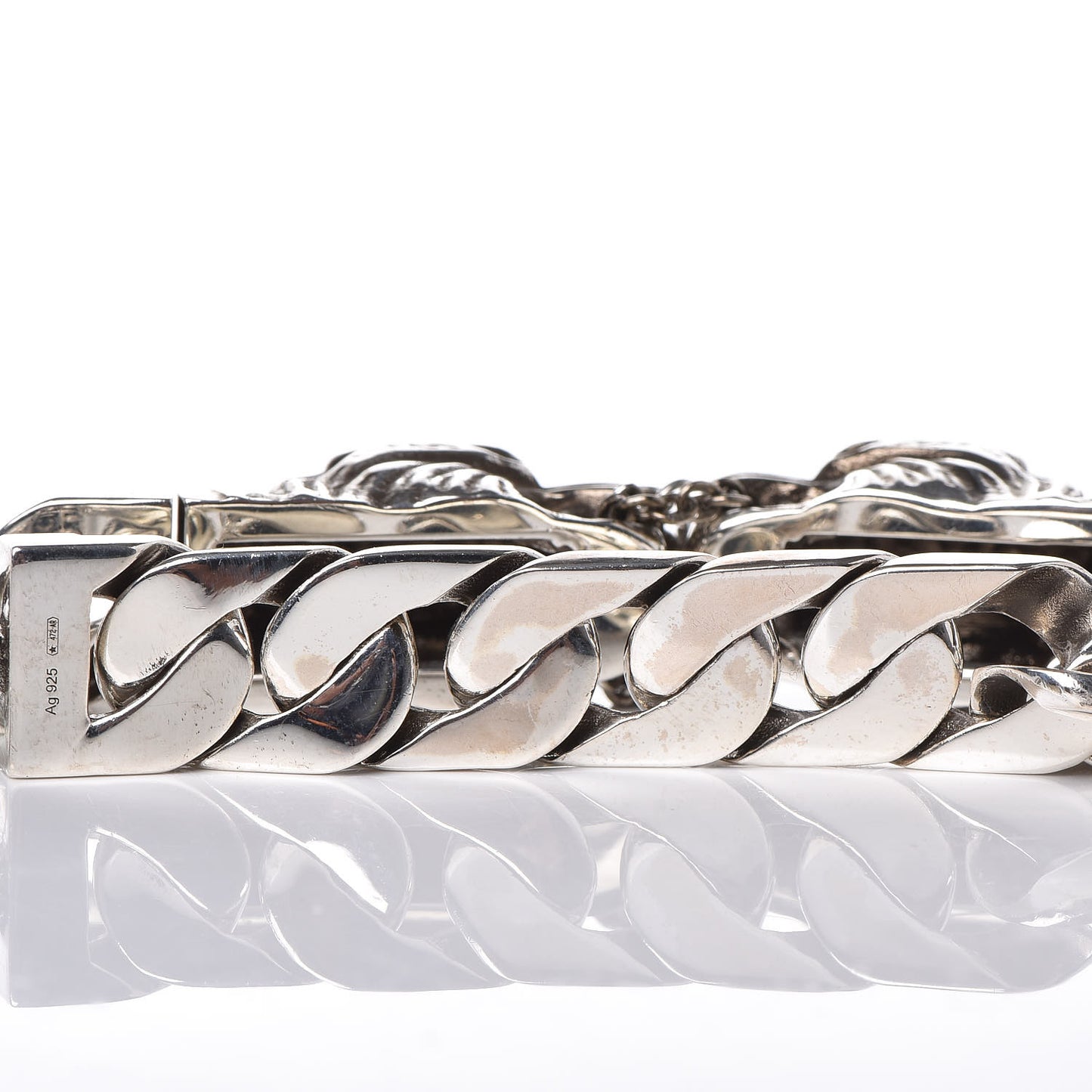Sterling Silver Tiger Head Motif Gourmette Bracelet
