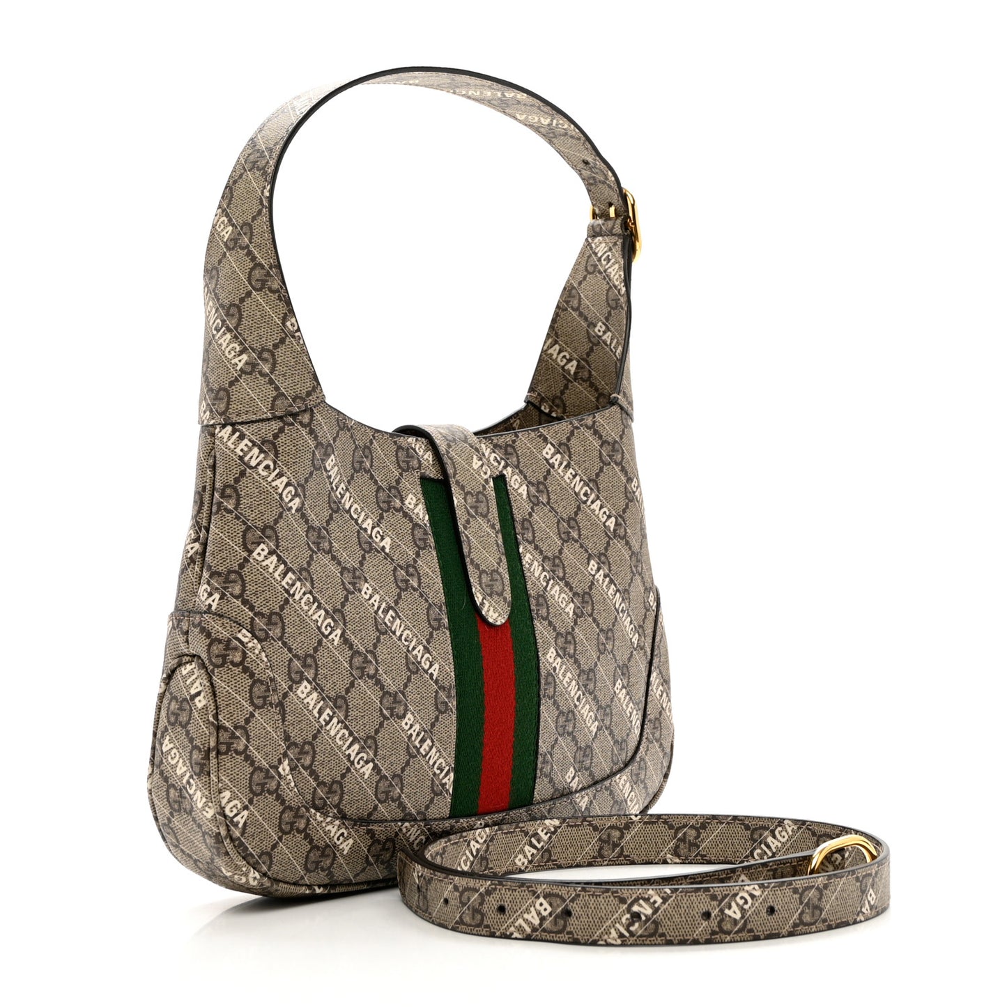 X BALENCIAGA GG Supreme Monogram Striped Logo Print Web Small Jackie 1961 Hobo Beige Ebony Mystic White