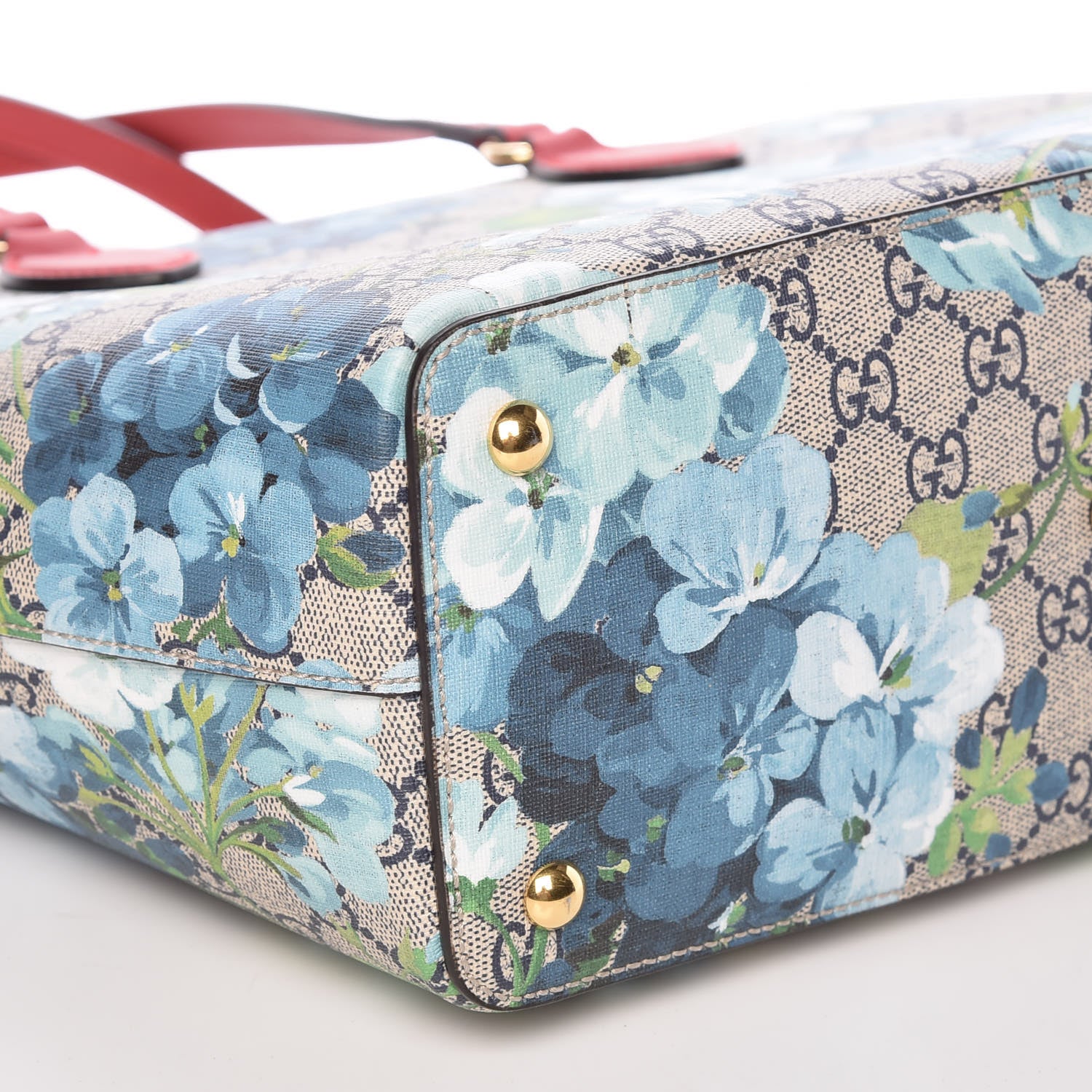 Gucci GG Supreme Monogram Blooms Medium Zippered Bucket Tote Beige Blue Navy Hibiscus Red 8 of 9