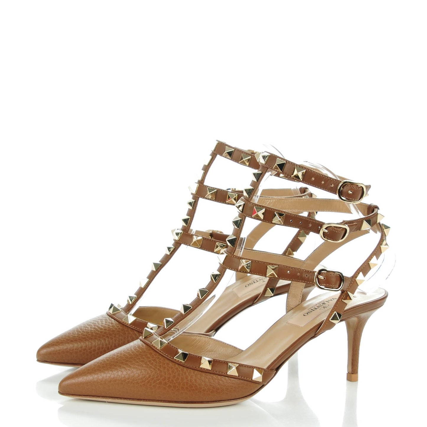 Pebbled Calfskin Rockstud Ankle Strap 65mm Pumps 36.5 Deep Cuir