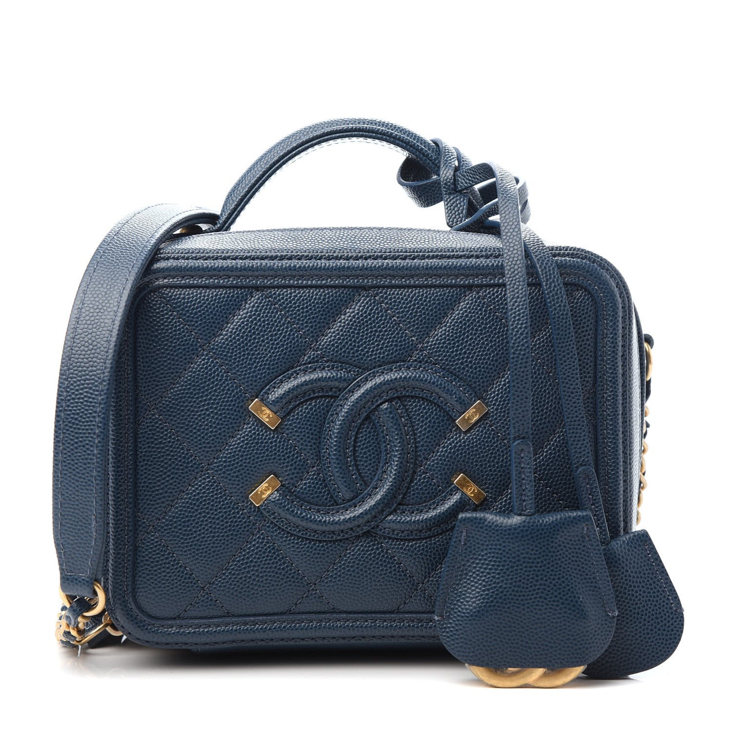 Caviar Quilted Small CC Filigree Vanity Case Dark Blue