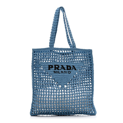 Prada Yarn Raffia Effect Crochet Logo Embroidered Tote Bag Celeste 1 of 9
