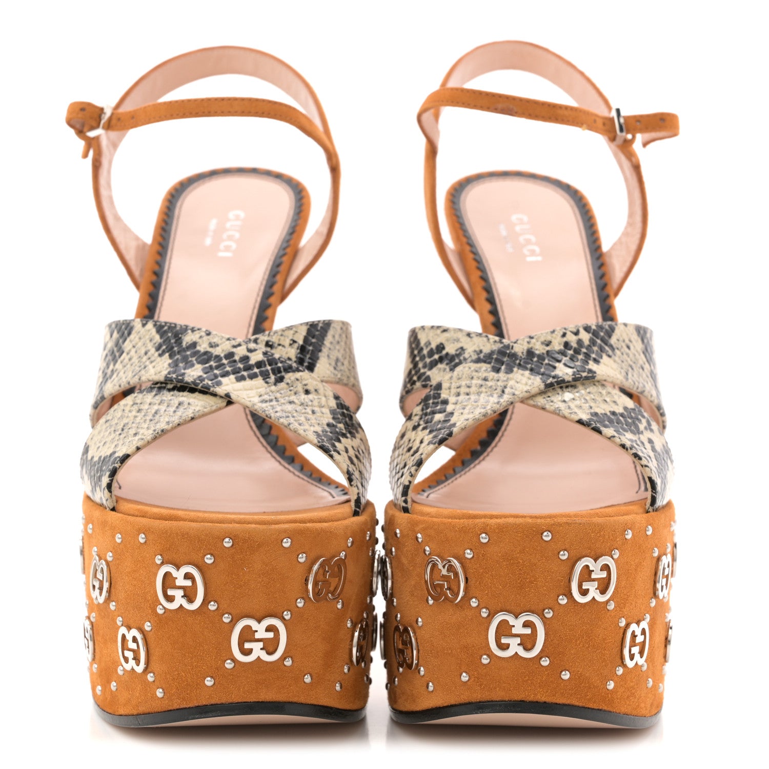 Gucci Malaga Kid Suede Snakeskin Interlocking G Studs 155mm Platform Sandals 37 Beige Cognac 3 of 11