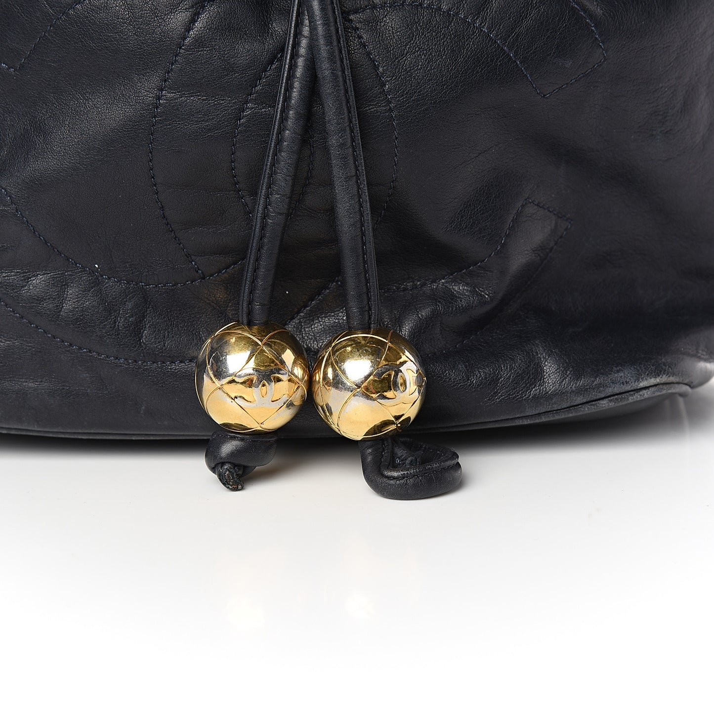 Lambskin Drawstring CC Shoulder Bag Navy Blue