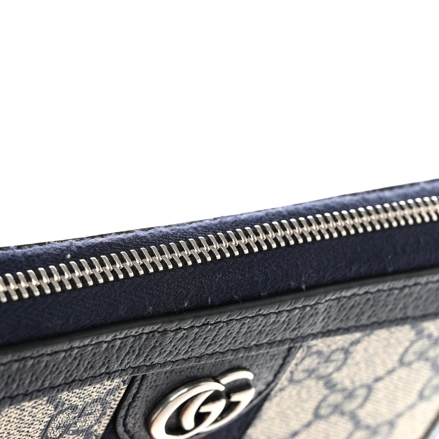 GG Supreme Monogram Textured Dollar Calfskin Web Ophidia Zip Around Wallet Beige Blue
