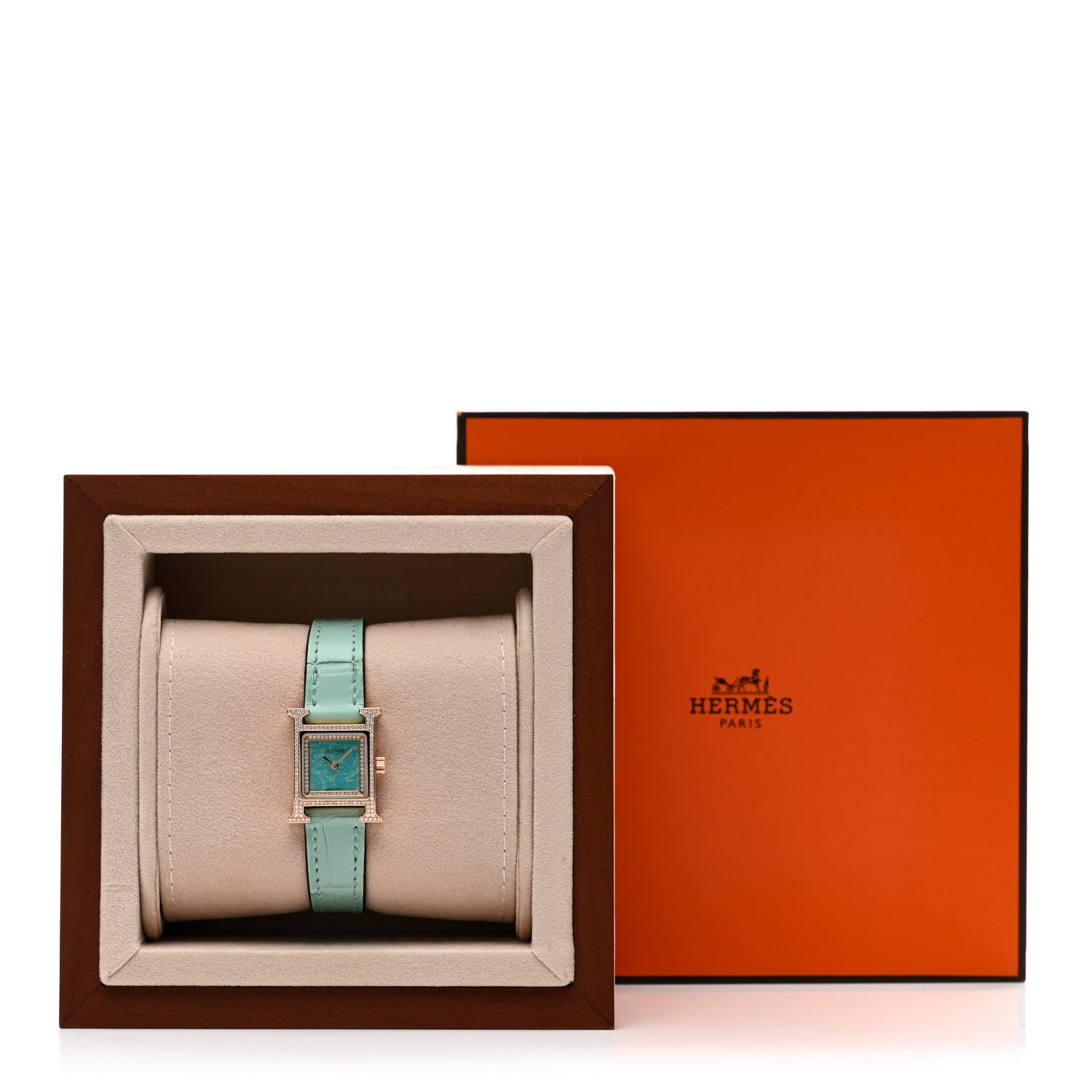 Hermes 18K Rose Gold Alligator Diamond Bezel Amazonite 17.2mm Heure H Hour Quartz Watch Bleu Aqua 5 of 5