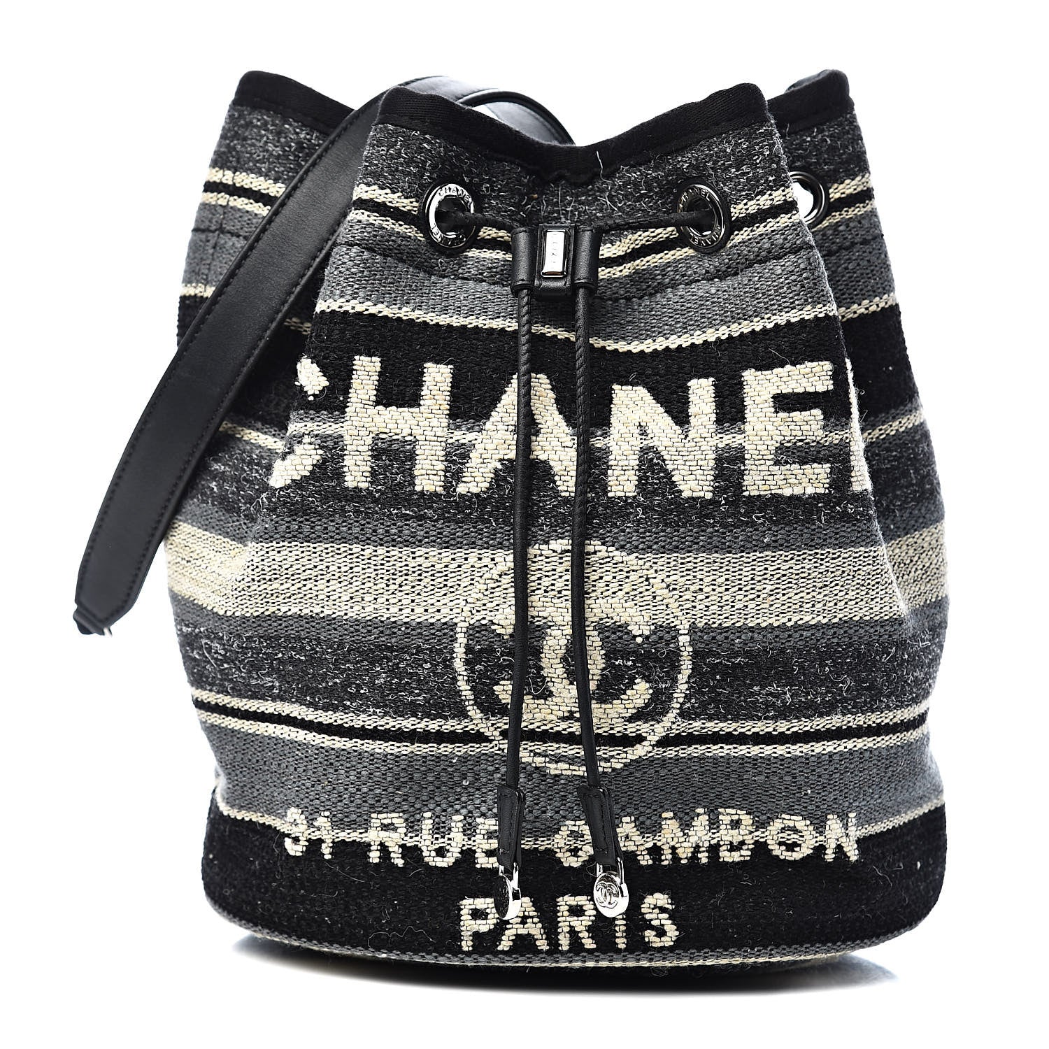 Chanel Striped Canvas Deauville Drawstring Bag Grey Black 1 of 11