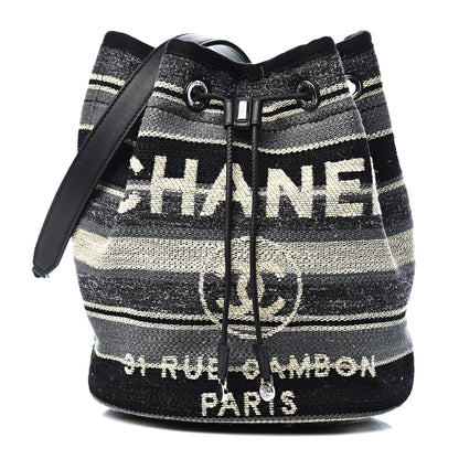 Chanel Striped Canvas Deauville Drawstring Bag Grey Black 1 of 11