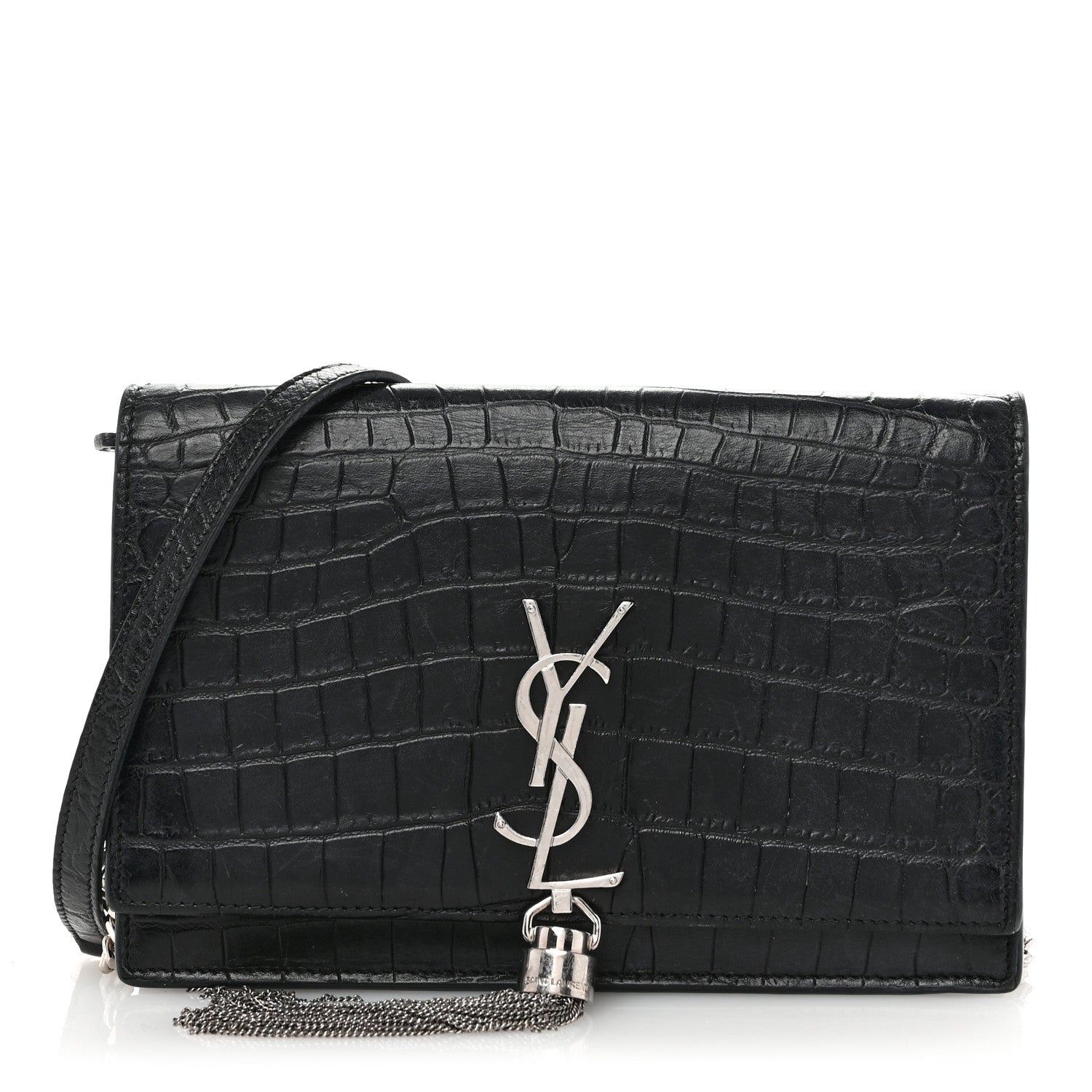Saint Laurent Calfskin Crocodile Embossed Kate Monogram Tassel Chain Wallet Black 1 of 10