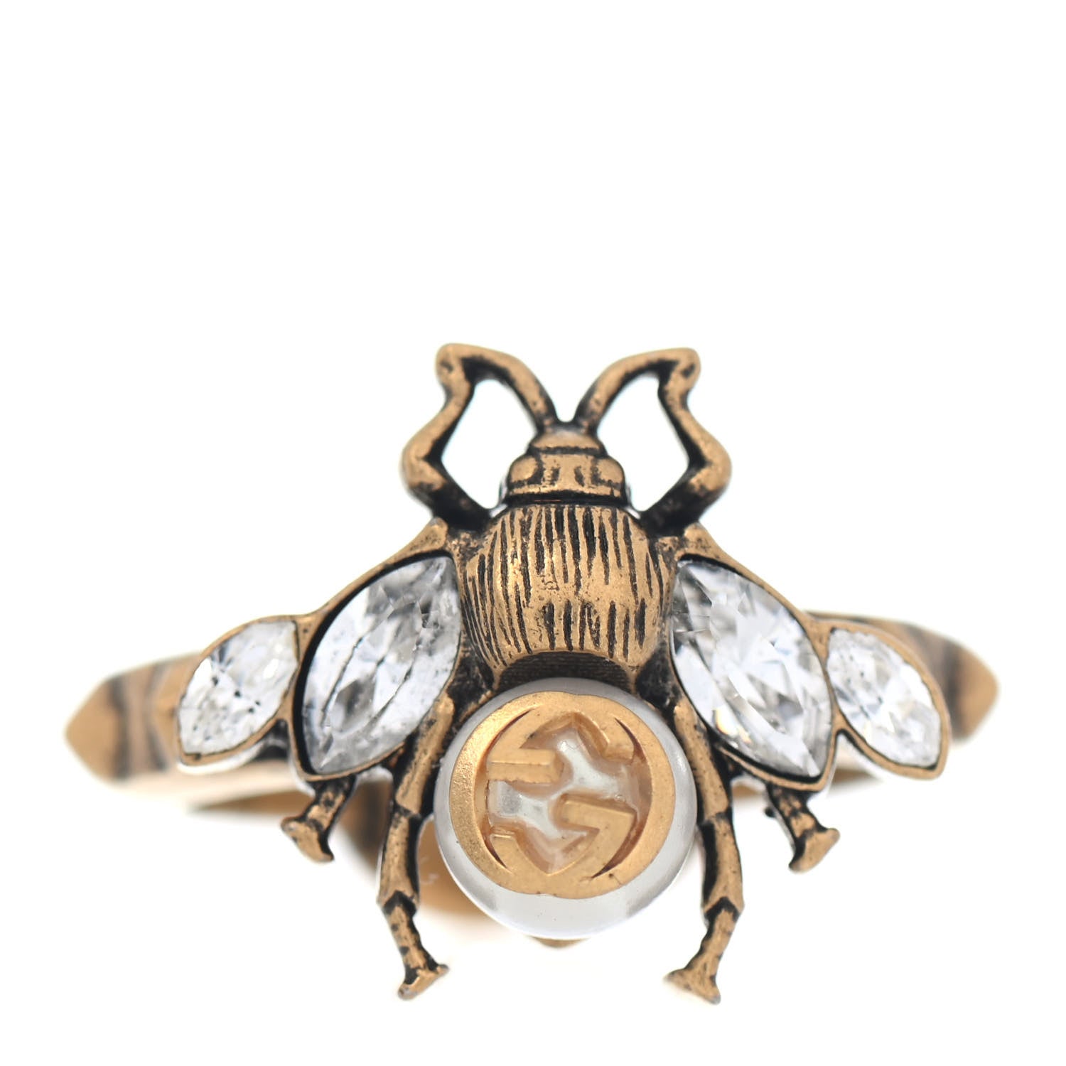 Gucci Metal Crystal Pearl Bee Ring S Aged Gold 1 of 3