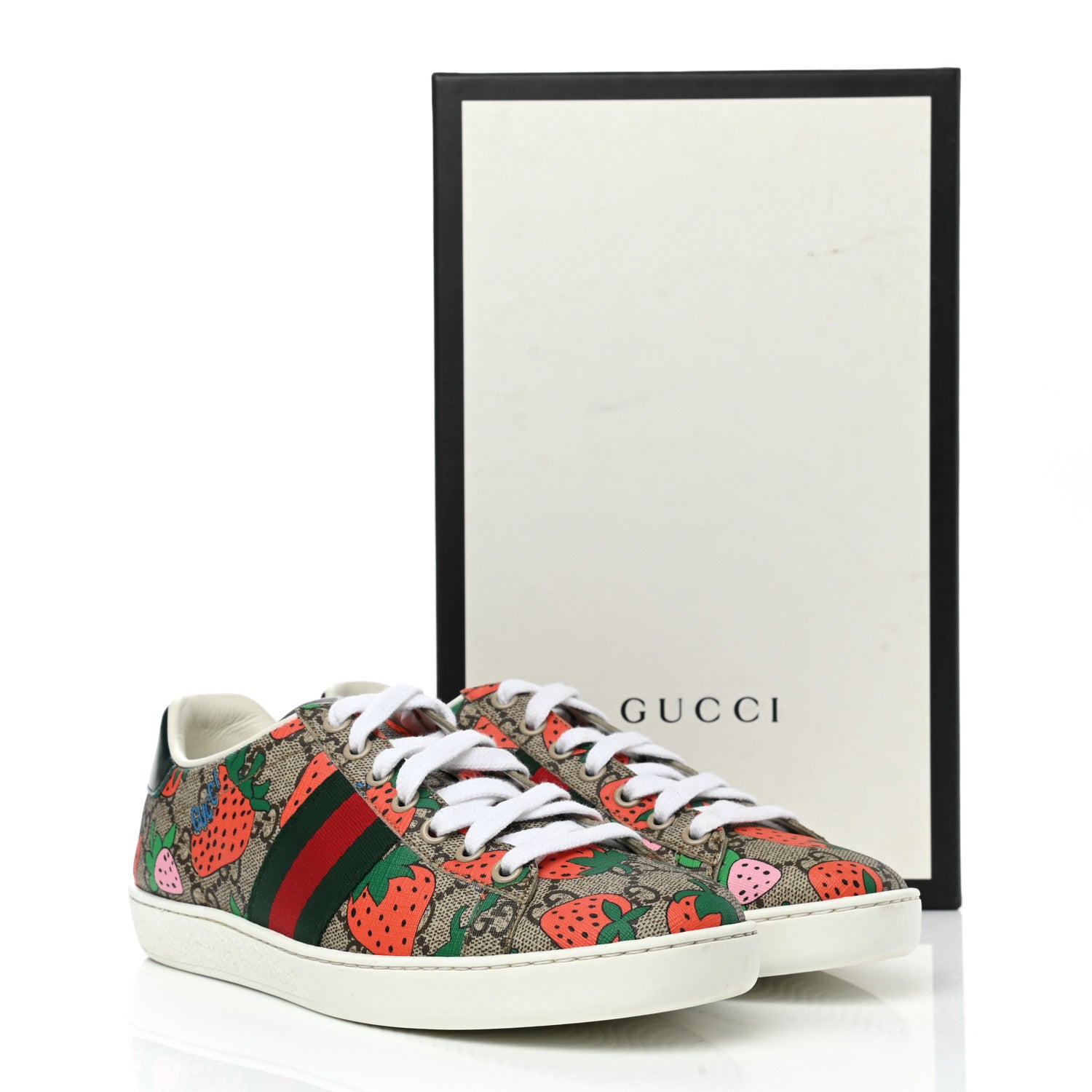 Gucci GG Supreme Monogram Strawberry Web Womens Ace Sneakers 36.5 Beige Multicolor Red Green 9 of 9