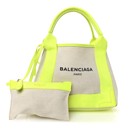 Balenciaga Cotton Canvas Satin Calfskin Navy Cabas XS Natural Fluo Yellow 3 of 12