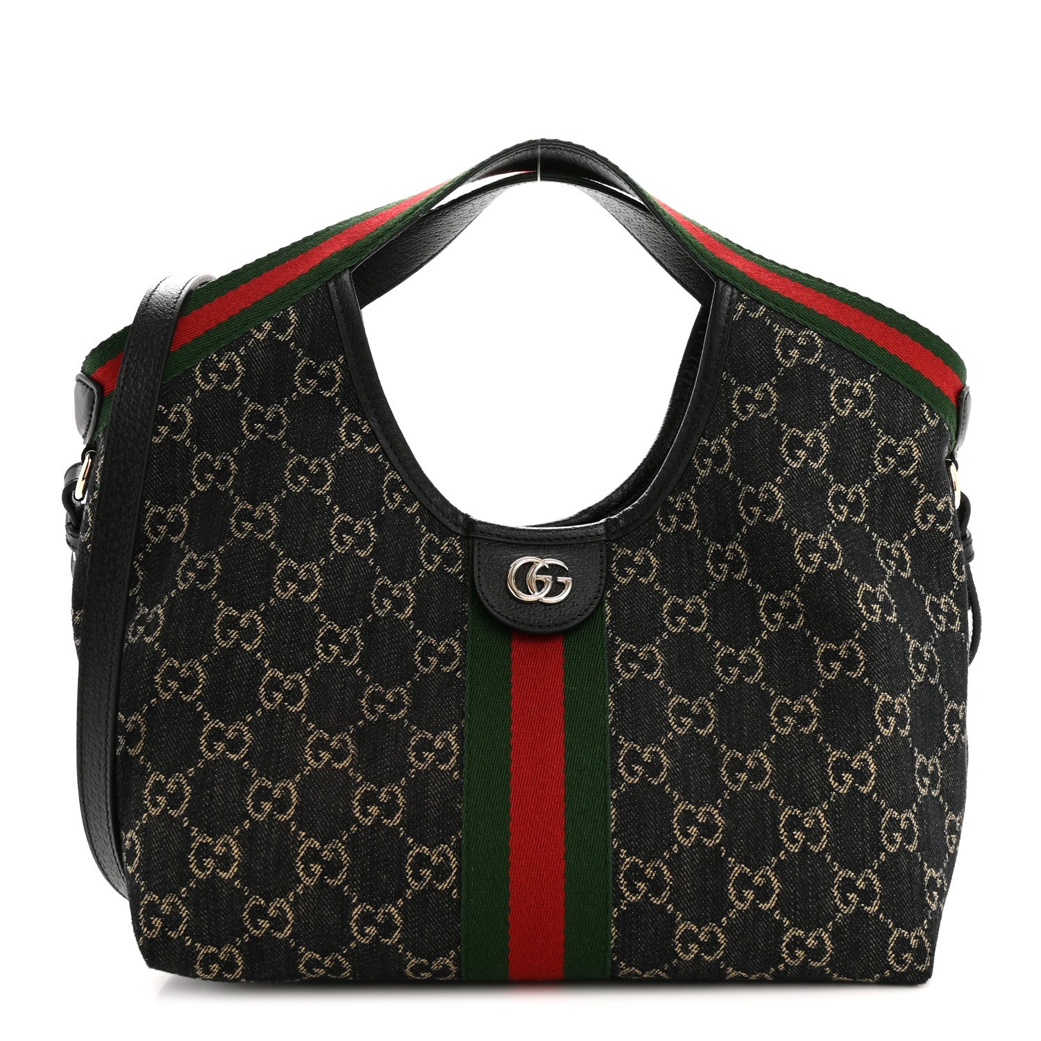 Gucci Denim GG Monogram Web Small Giglio Tote Black Ivory 1 of 10