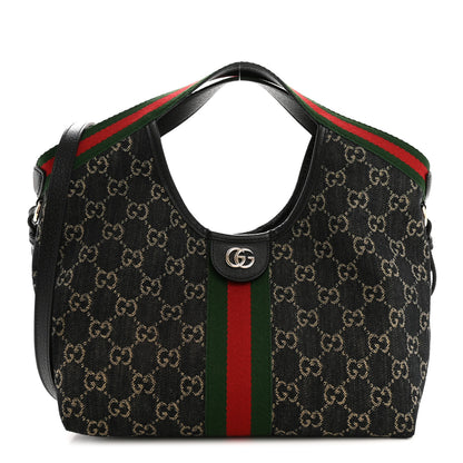 Gucci Denim GG Monogram Web Small Giglio Tote Black Ivory 1 of 10