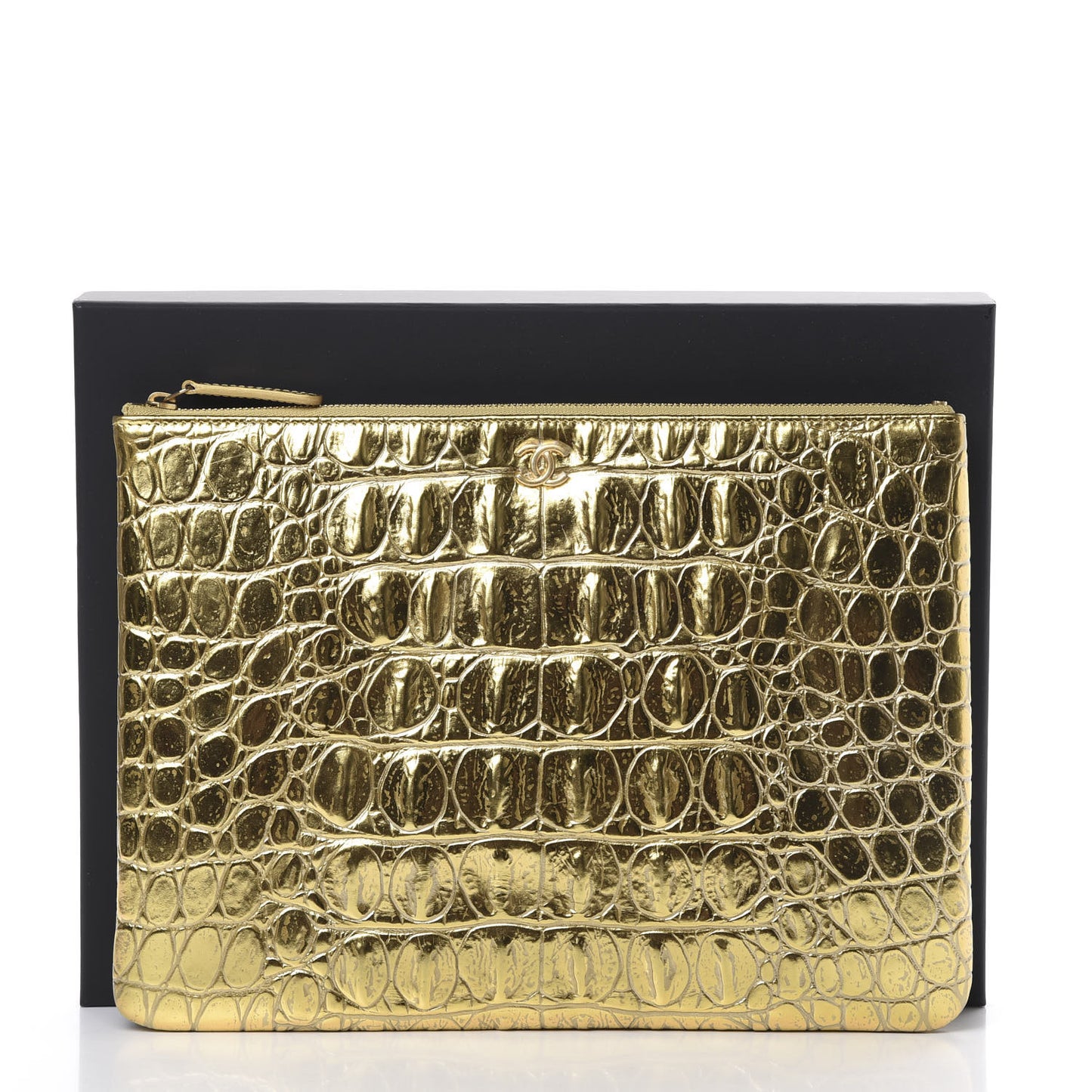 Metallic Crocodile Calfskin Embossed Medium Cocodile Cosmetic Case Gold