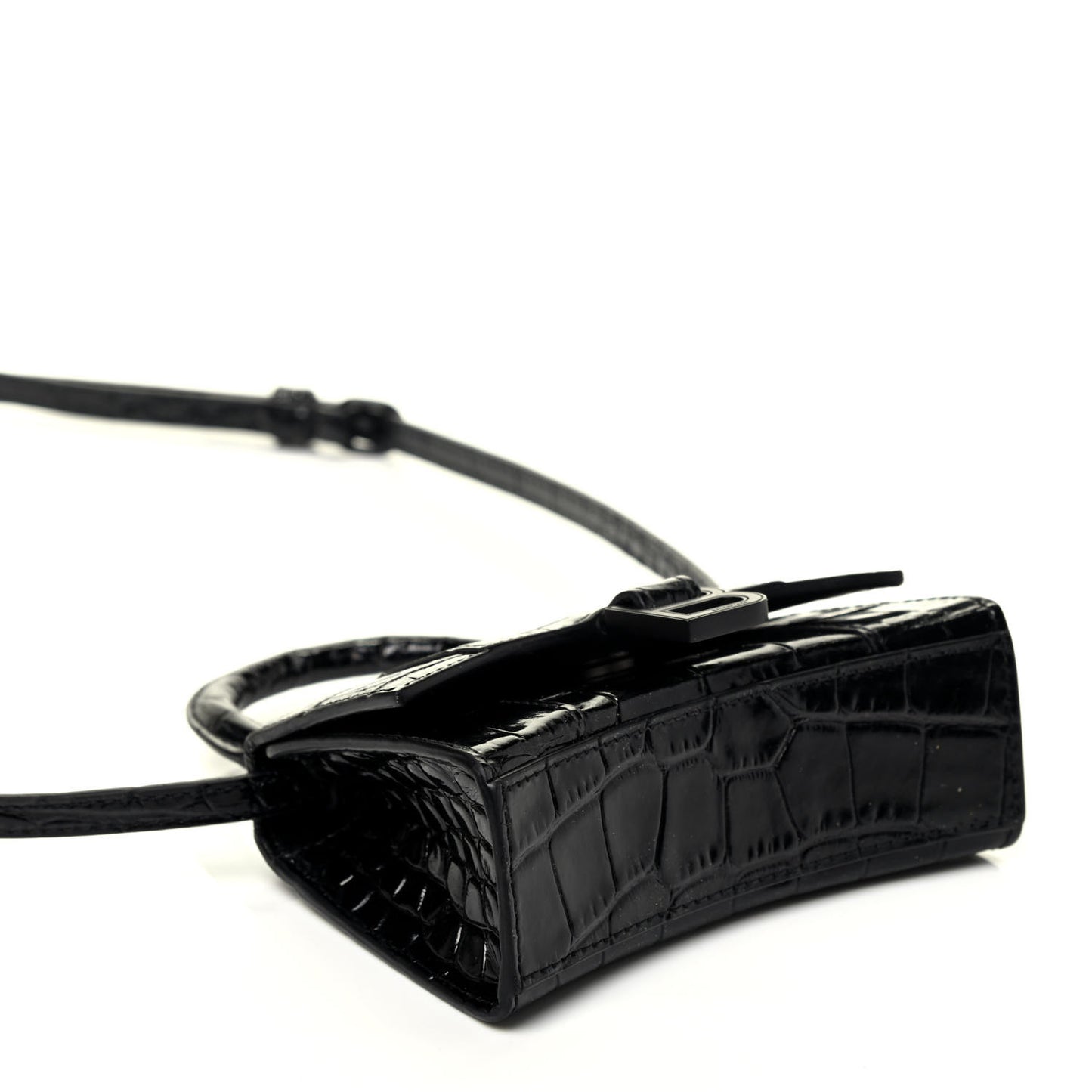 Shiny Calfskin Monochrome Crocodile Embossed Hourglass Top Handle Bag Mini Black