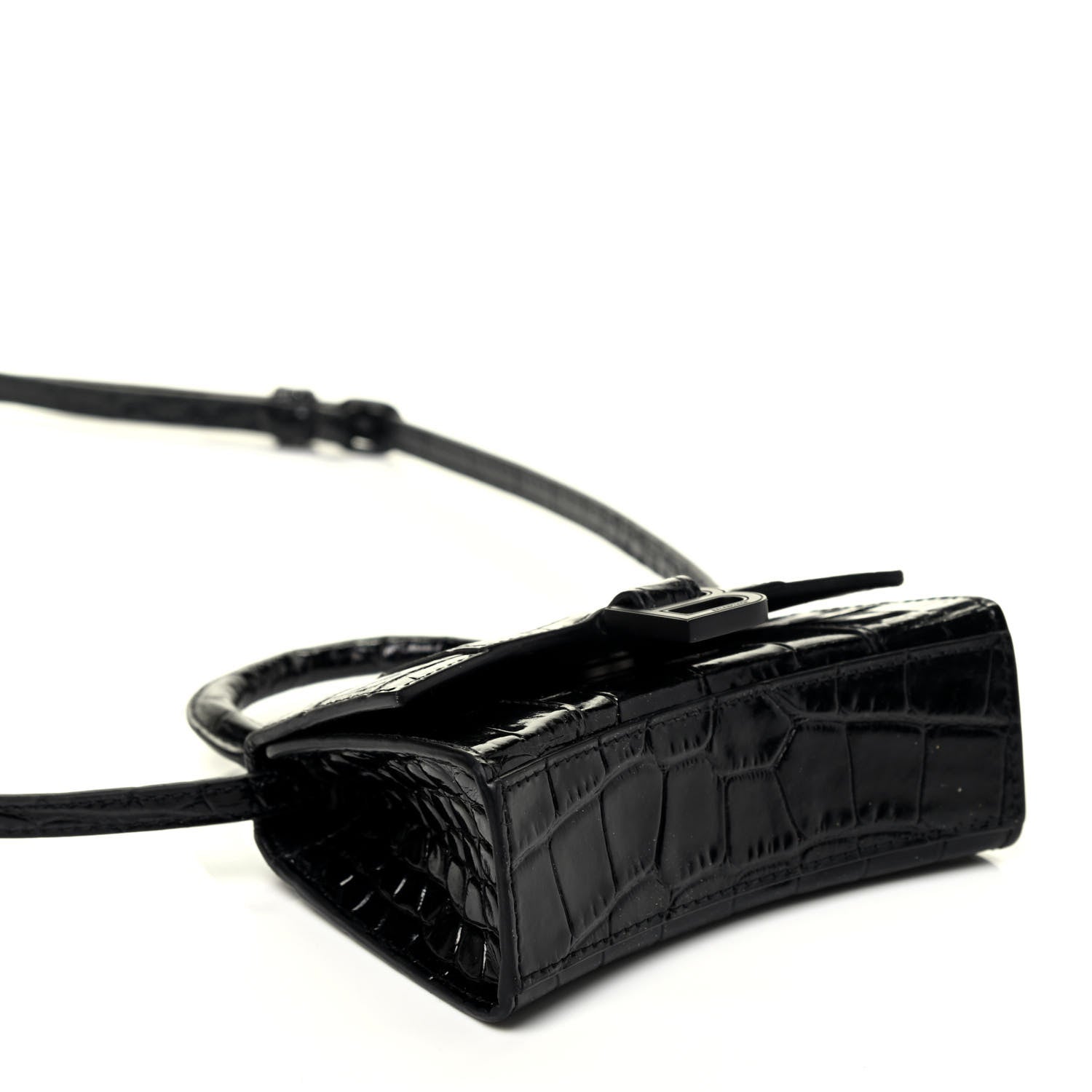 Balenciaga Shiny Calfskin Monochrome Crocodile Embossed Hourglass Top Handle Bag Mini Black 5 of 10