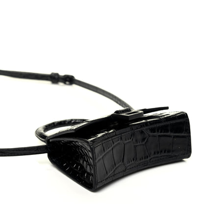Balenciaga Shiny Calfskin Monochrome Crocodile Embossed Hourglass Top Handle Bag Mini Black 5 of 10