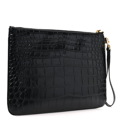 Saint Laurent Calfskin Crocodile Embossed Tablet Pouch Black 3 of 9