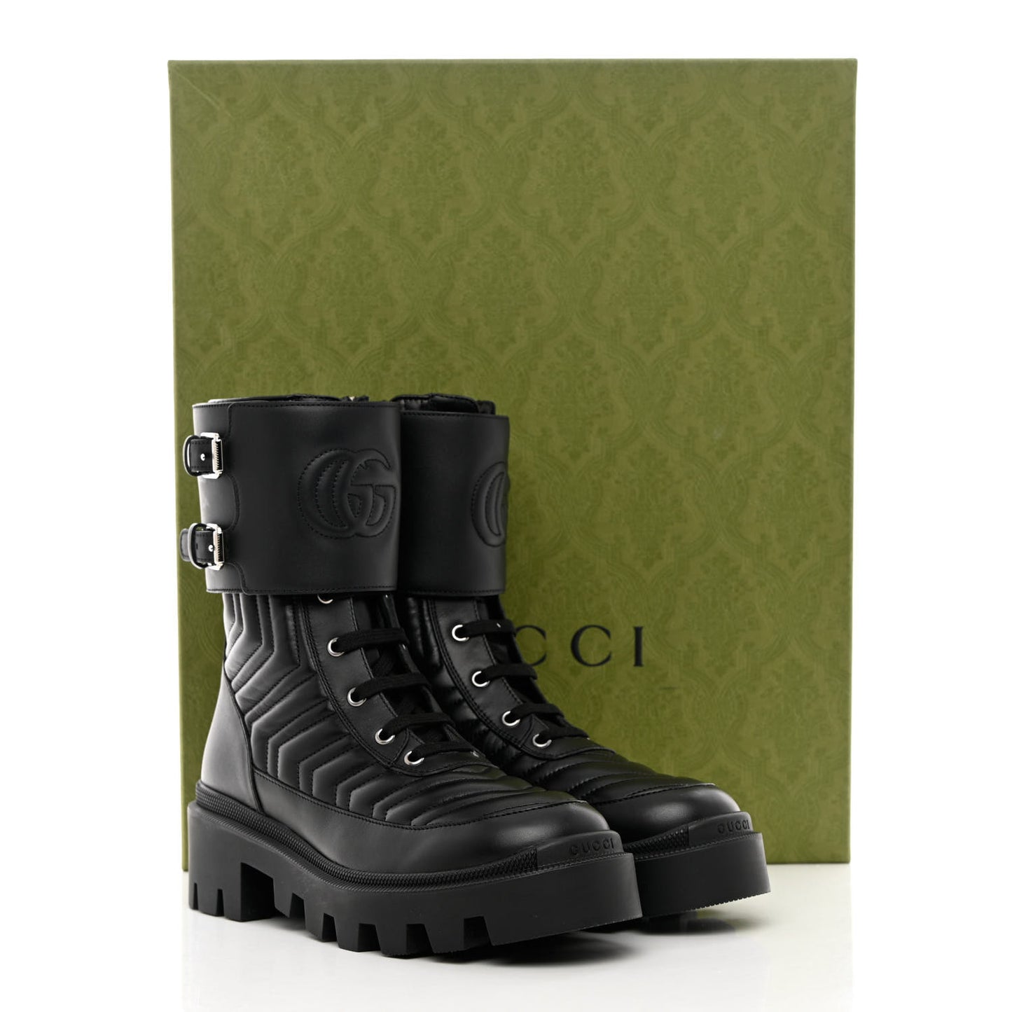 Nappa Frances GG Matelasse Platform Combat Boots 38.5 Black