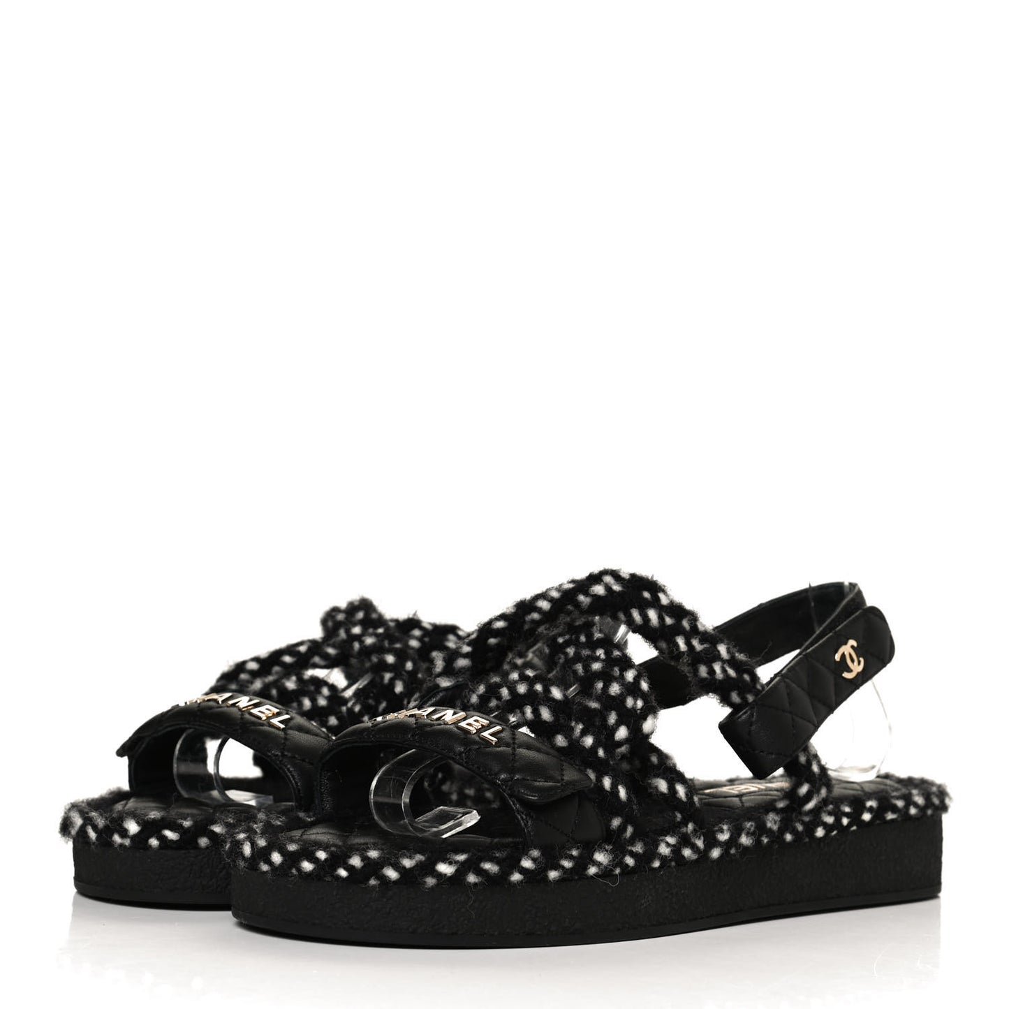 Cord Lambskin Quilted Logo Sandals 39 Black White