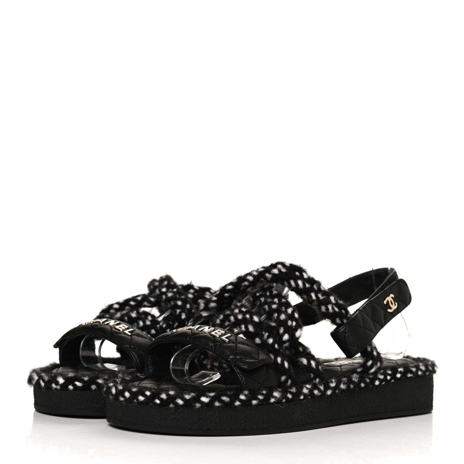 Chanel Cord Lambskin Quilted Logo Sandals 39 Black White 3 of 9