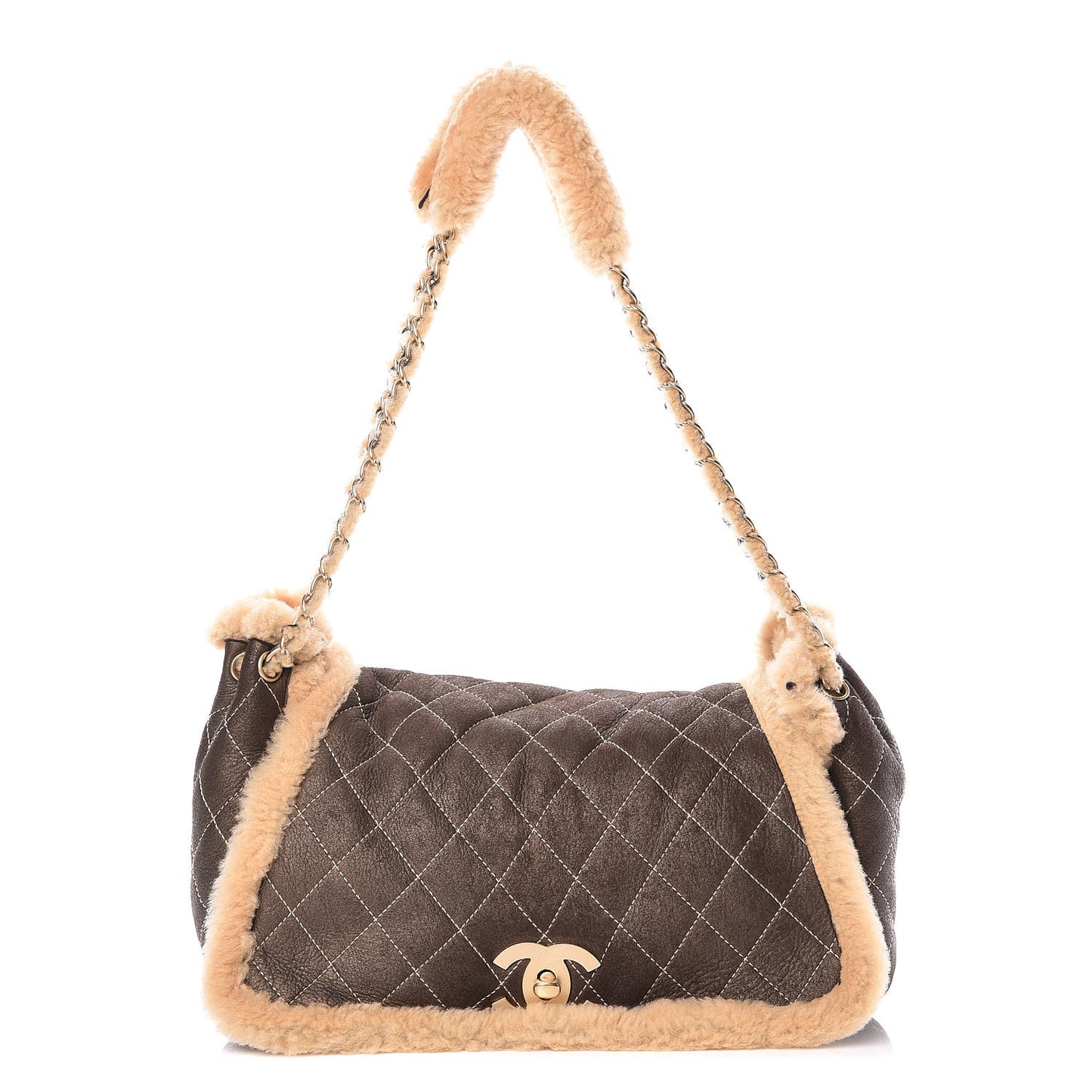 Shearling Suede Quilted Fur Flap Metallic Bronze