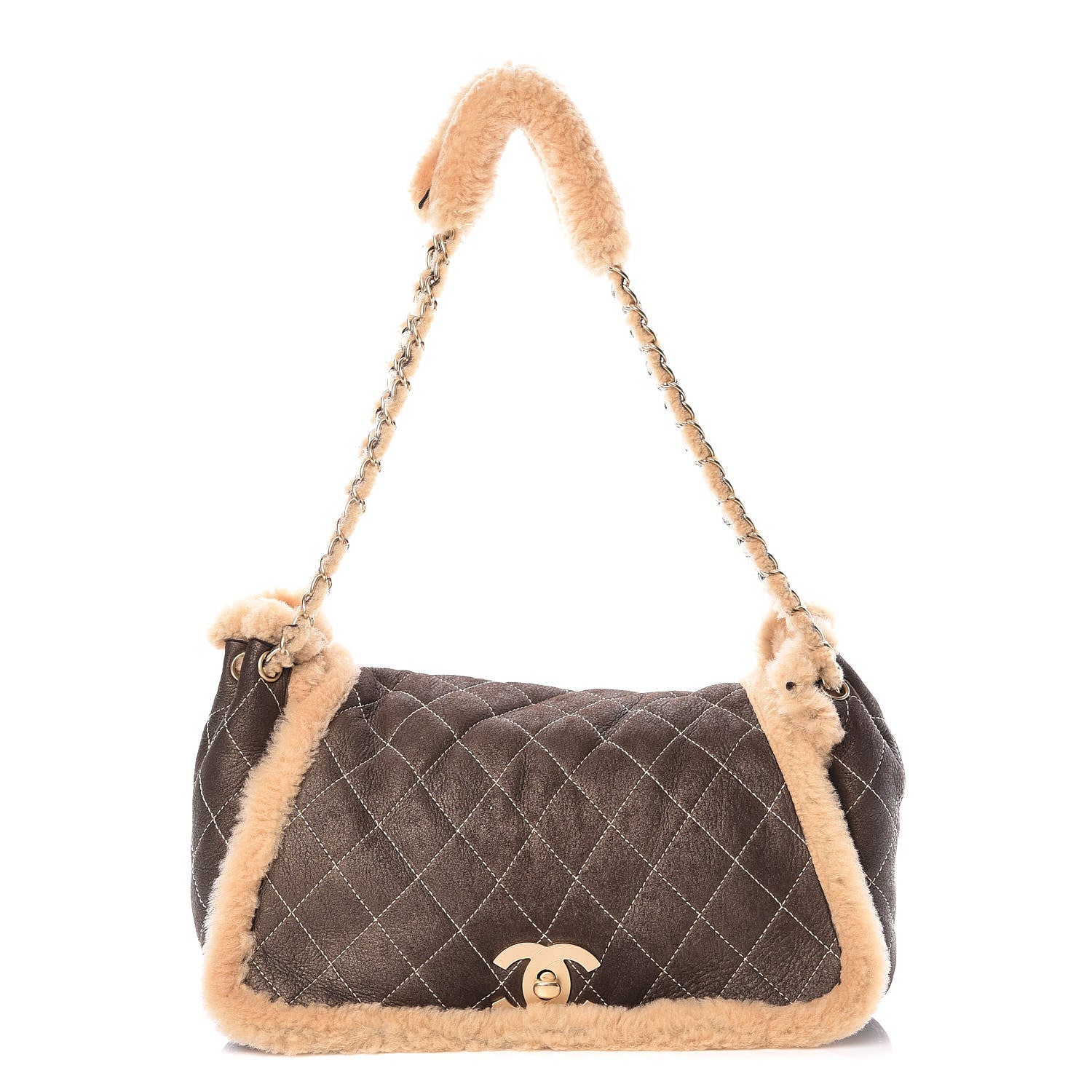 Chanel Shearling Suede Quilted Fur Flap Metallic Bronze 1 of 10