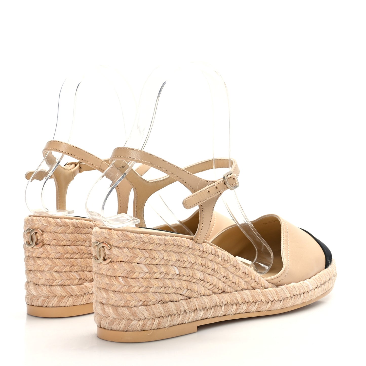 Lambskin Grosgrain CC Espadrilles Wedges 39 Beige Black