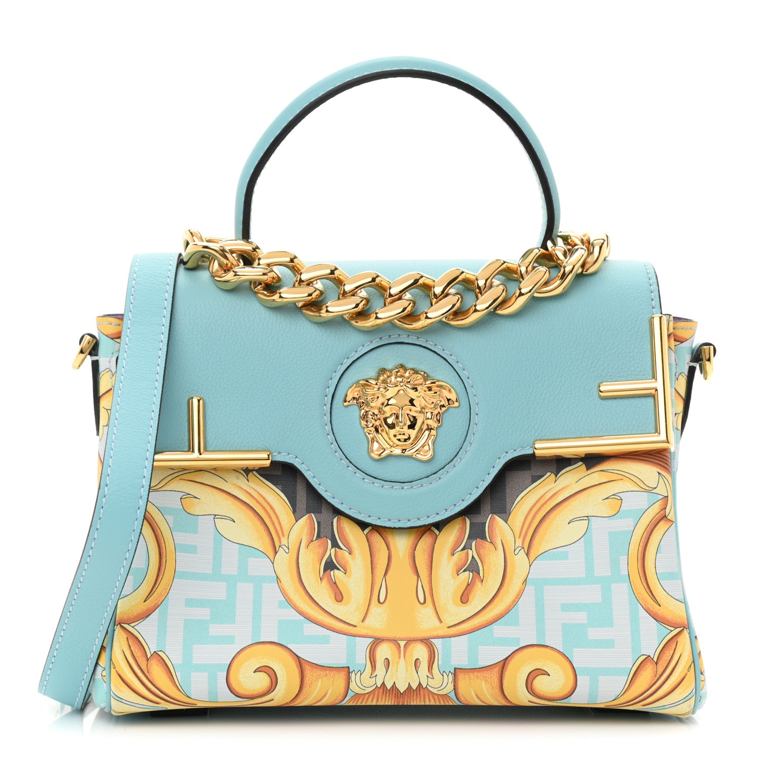 Versace X FENDI Grained Calfskin Fendace La Medusa Medium Top Handle Bag Baby Blue Multicolor 1 of 9