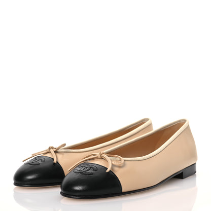 Chanel Lambskin Cap Toe CC Ballerina Flats 39 Beige Black 3 of 11