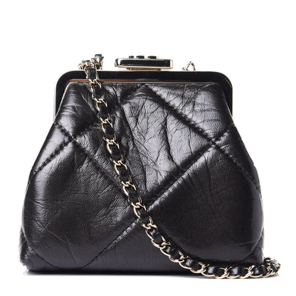 Chanel Shiny Aged Lambskin Quilted Kiss Lock Clutch With Chain Black 1 of 4