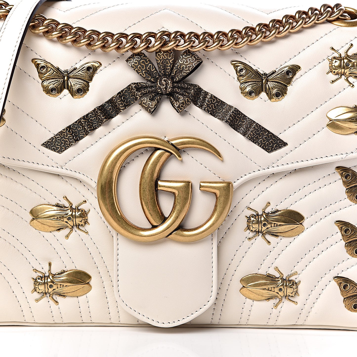 Calfskin Matelasse Animal Studs Medium GG Marmont Shoulder Bag Mystic White