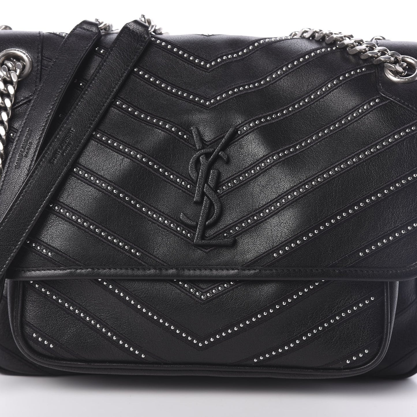 Lambskin Matelasse Monogram Microstud Medium Niki Chain Satchel Black