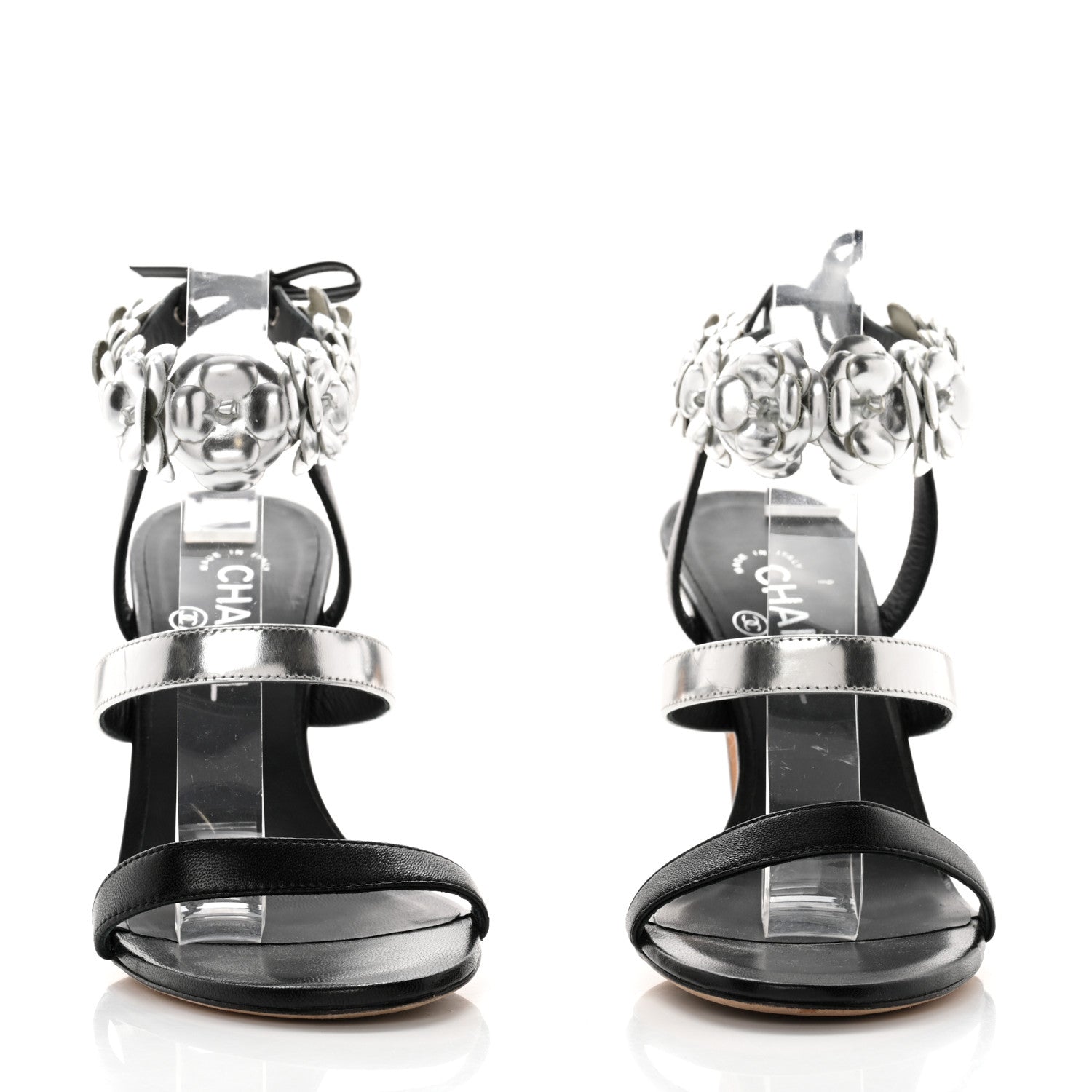 Chanel Lambskin Patent Camellia Ankle Strap Sandals 37.5 Black 2 of 10