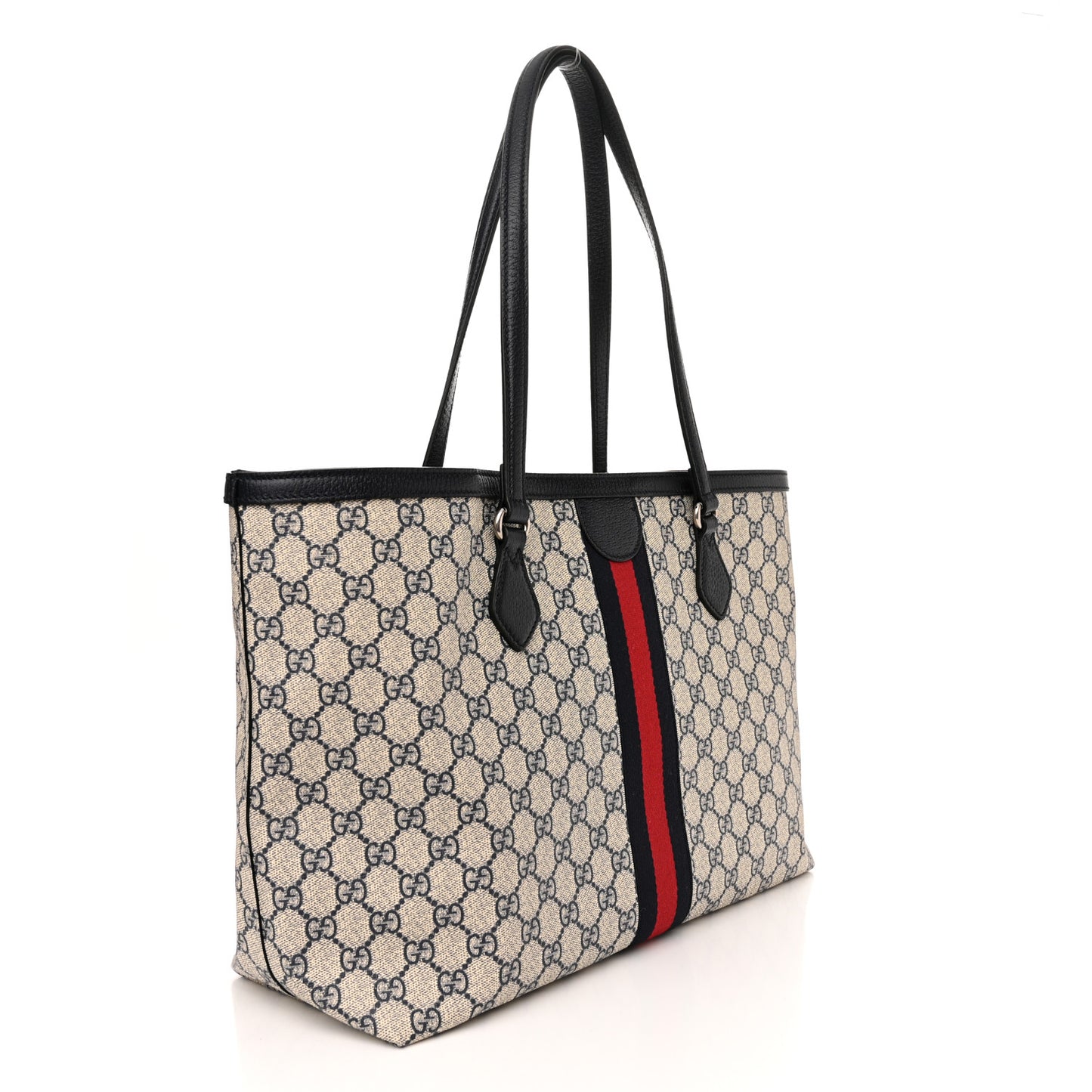 GG Supreme Monogram Textured Calfskin Web Medium Ophidia Shopping Tote Beige Blue