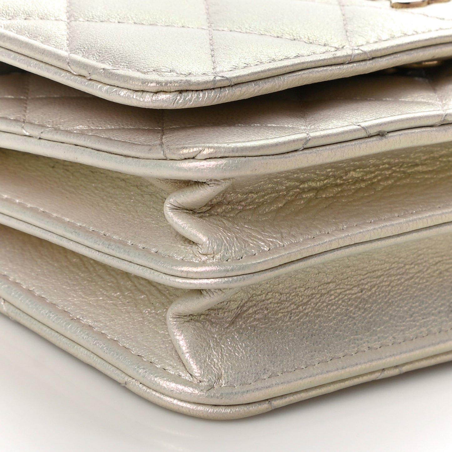 Iridescent Lambskin Quilted Mini Wallet On Chain WOC Ivory