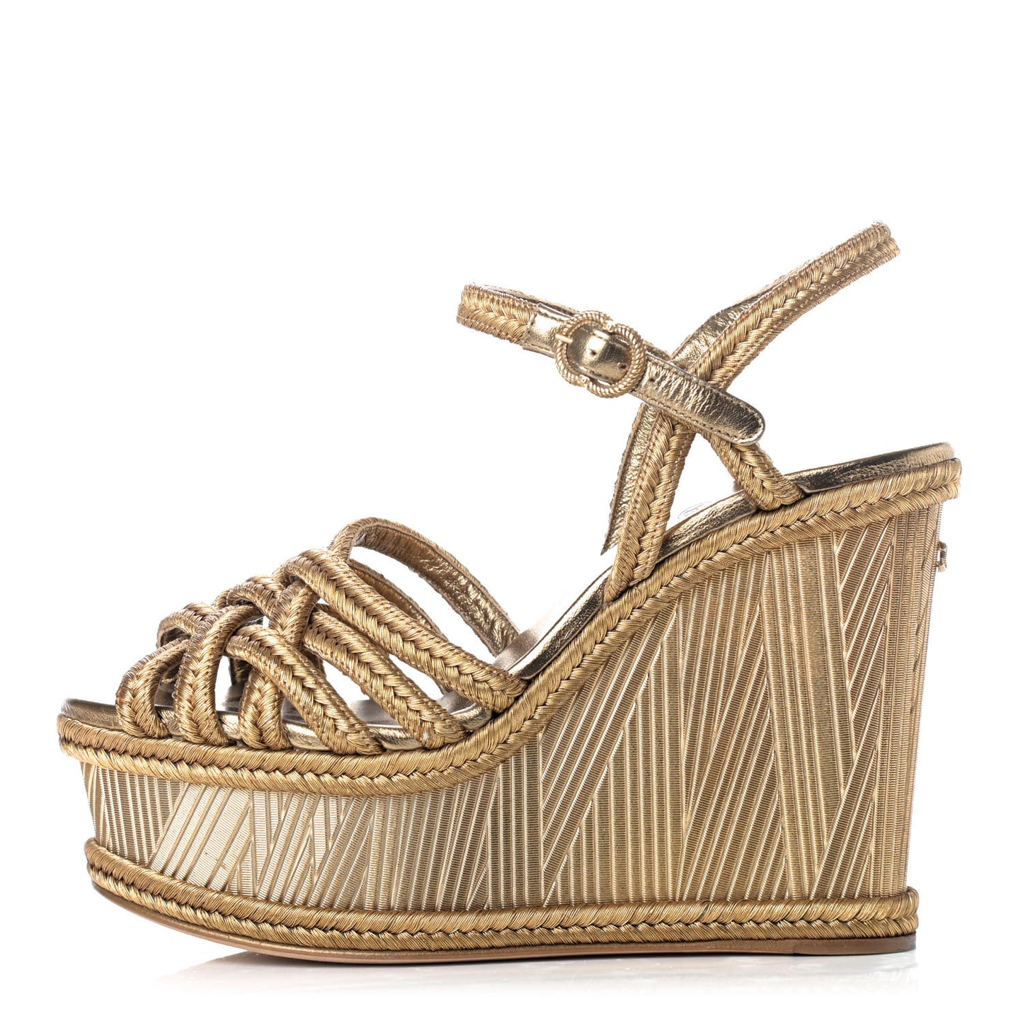 Metallic Woven Fabric Braided Wedge Sandals 38.5 Gold