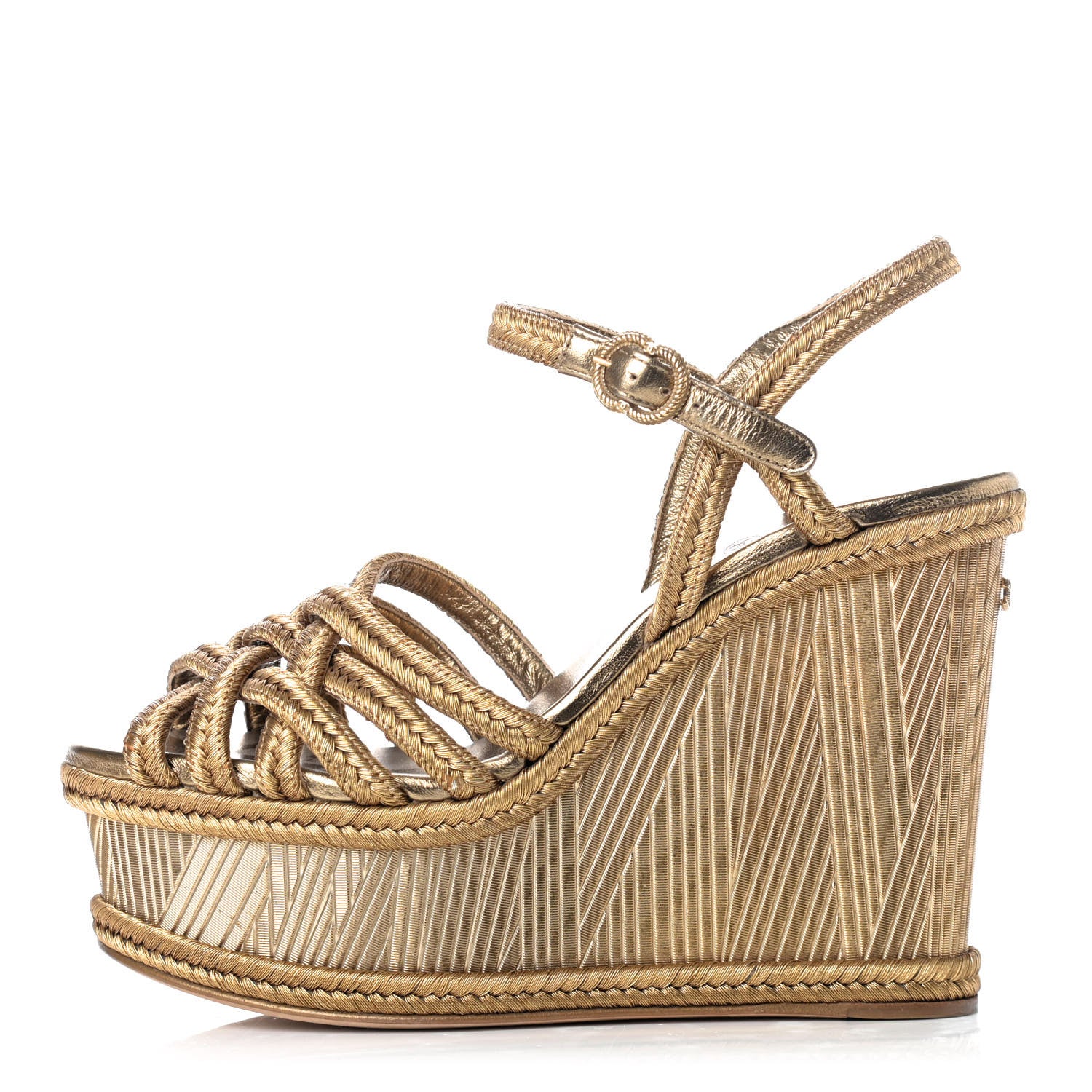 Chanel Metallic Woven Fabric Braided Wedge Sandals 38.5 Gold 1 of 9