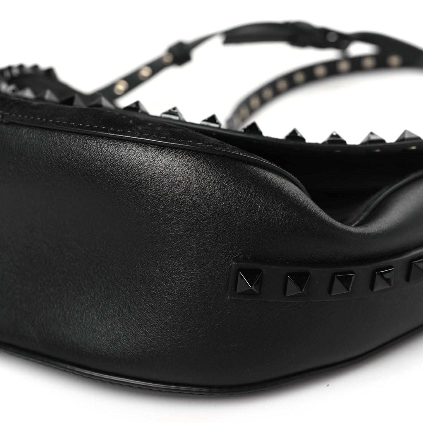 Suede Calfskin Rockstud Halfmoon Saddle Bag Black