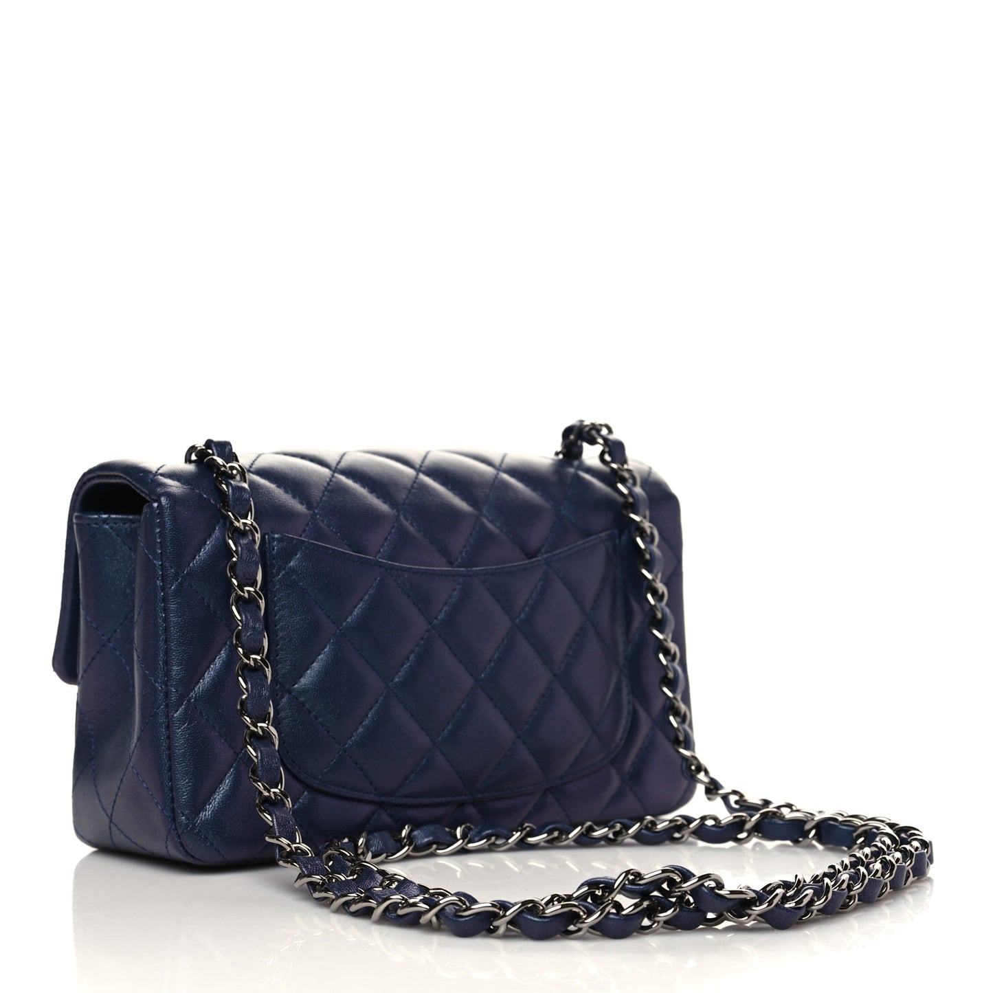 Iridescent Lambskin Quilted Mini Rectangular Flap Navy Blue