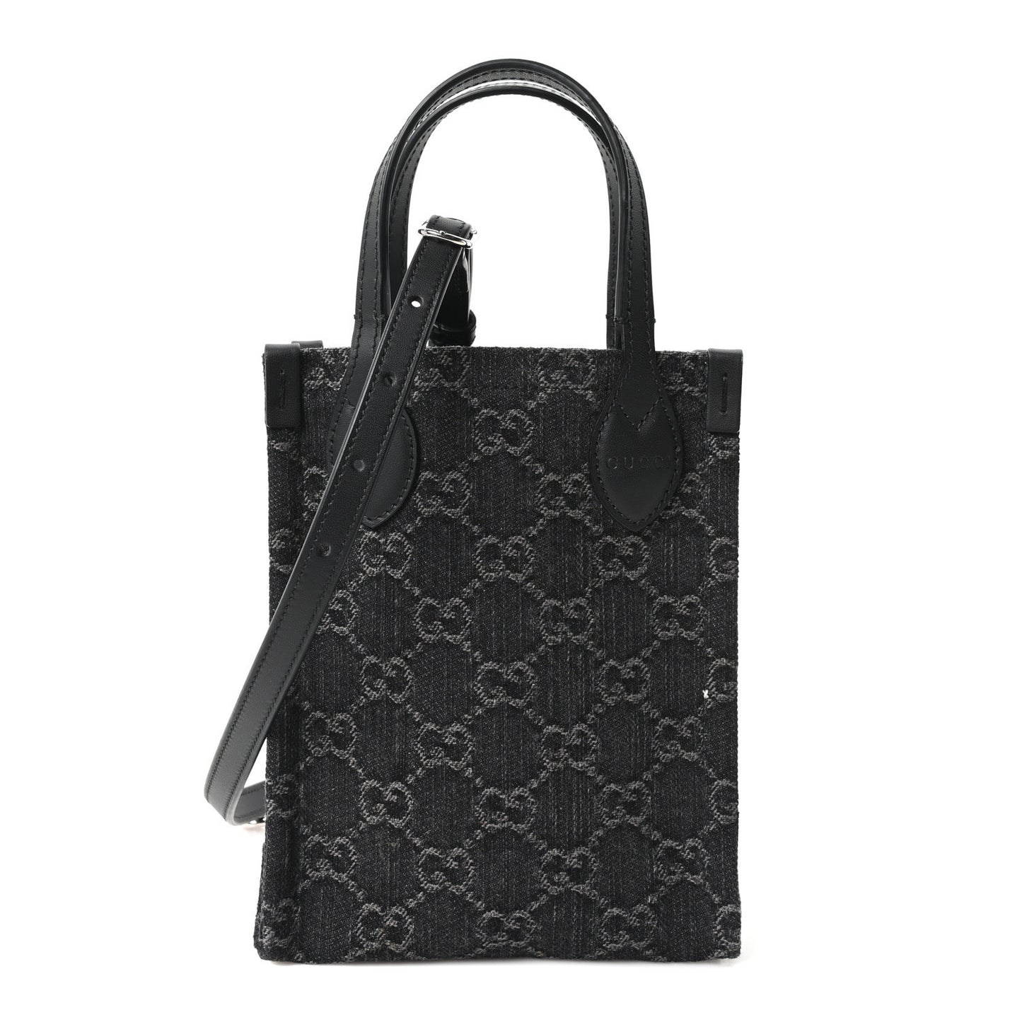 Denim Cuoio Harness GG Monogram Mini Ophidia Tote Bag Black Medium Grey