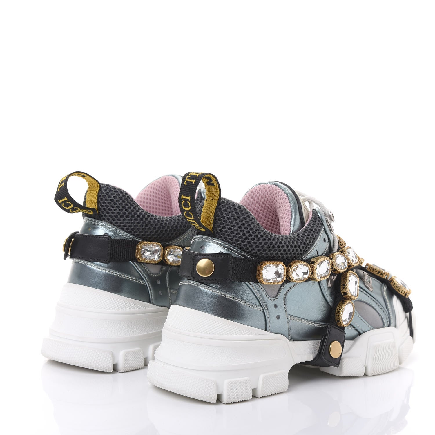 Gucci X SEGA Metallic Calfskin Removable Crystals Womens Flashtrek Sneakers 36.5 Lago Loess Silver 4 of 8