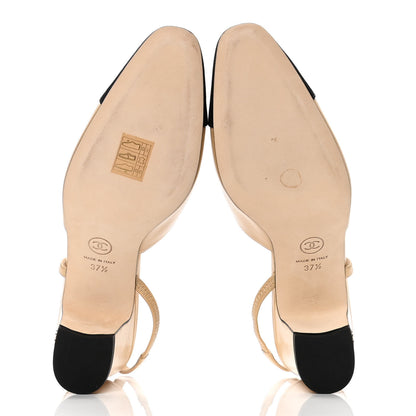 Chanel Goatskin Grosgrain Cap Toe CC Slingback Pumps 37.5 Beige Black 8 of 10