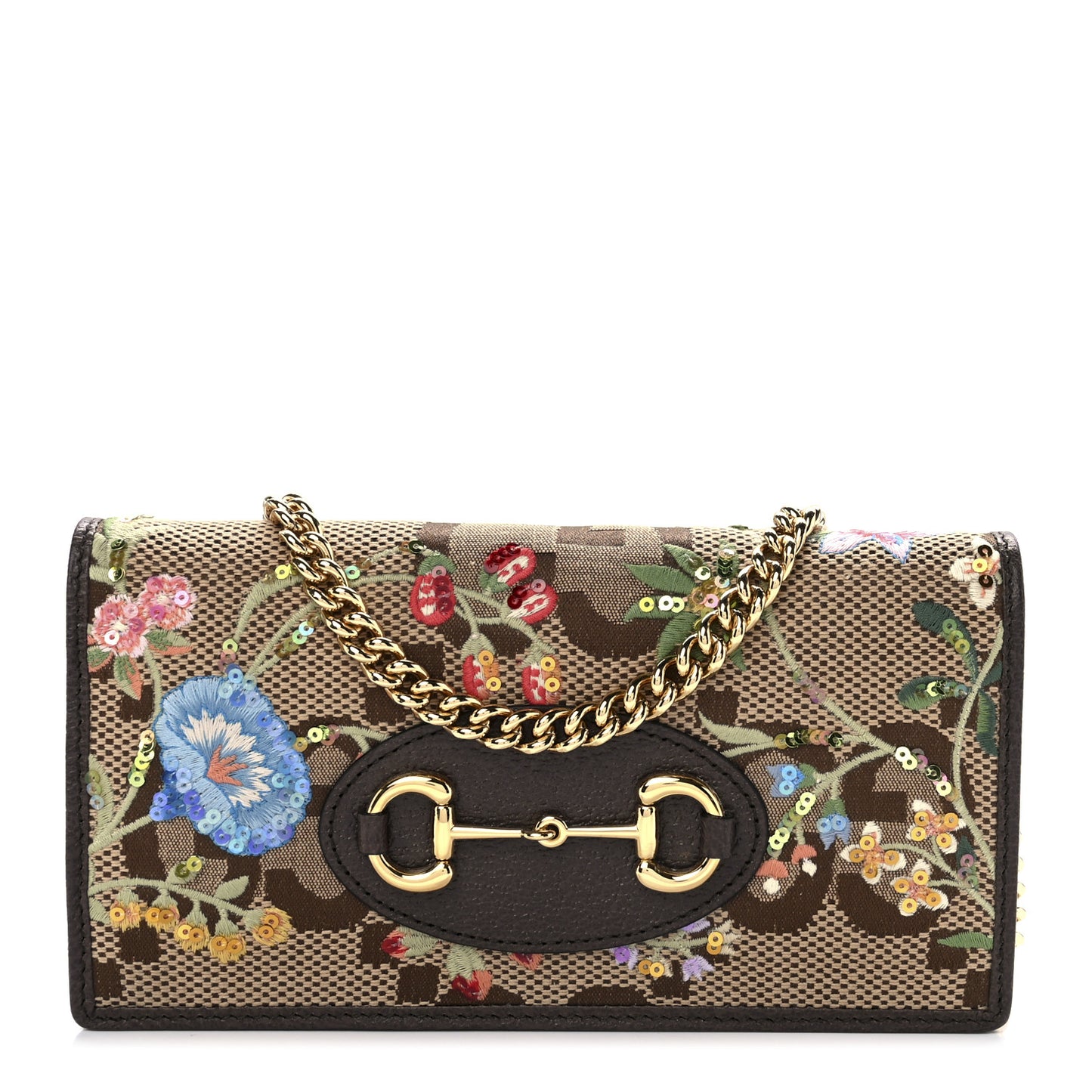 Monogram Jumbo GG Textured Dollar Calfskin Embroidered Horsebit 1955 Wallet On Chain Camel Ebony New Acero Multicolor