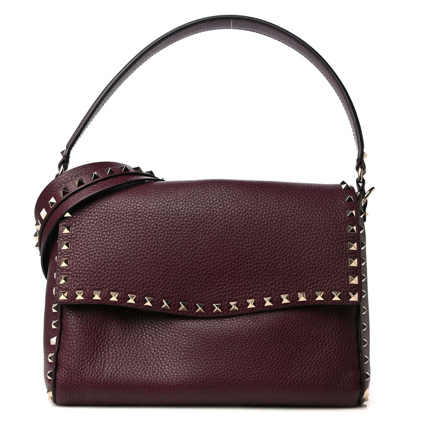 Pebbled Calfskin Rockstud Top Handle Shoulder Bag Rubin