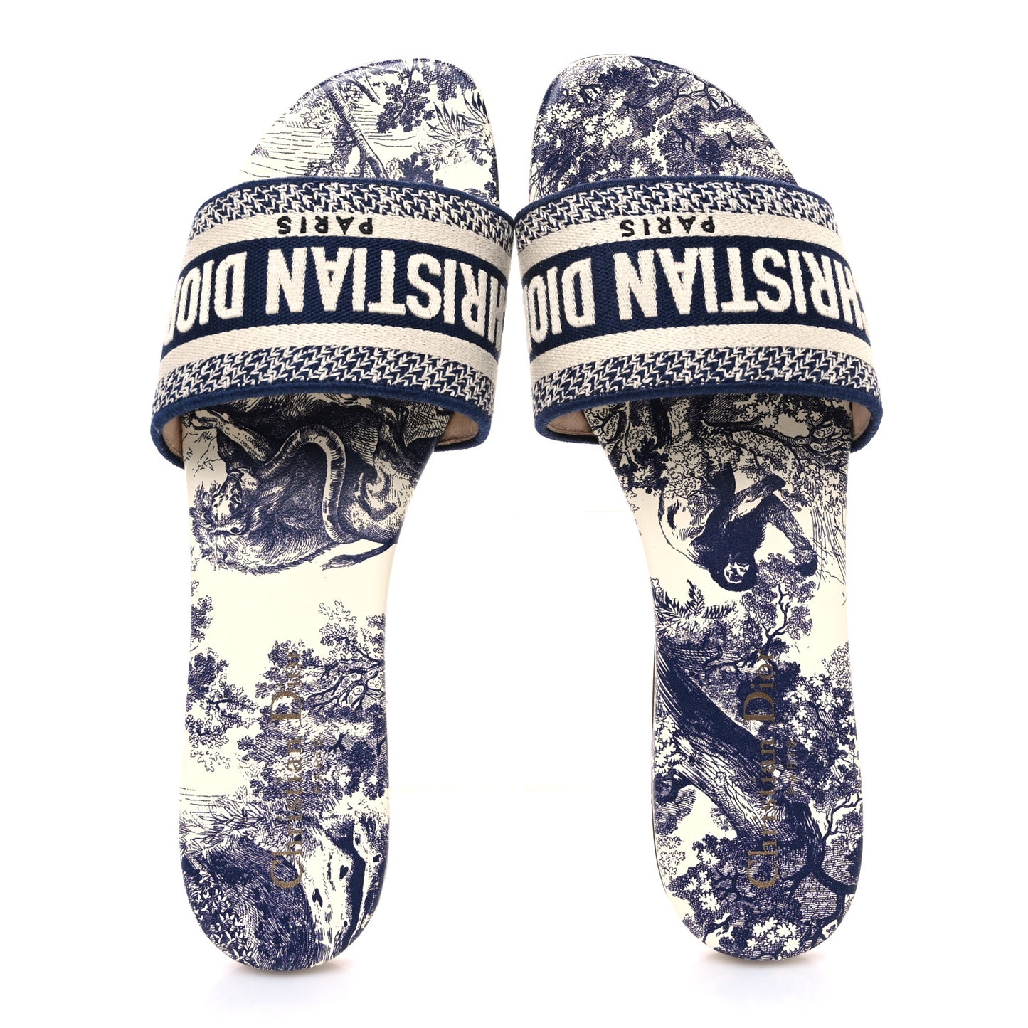 Canvas Toile de Jouy Embroidered Dway Flat Slide Sandals 39 Blue