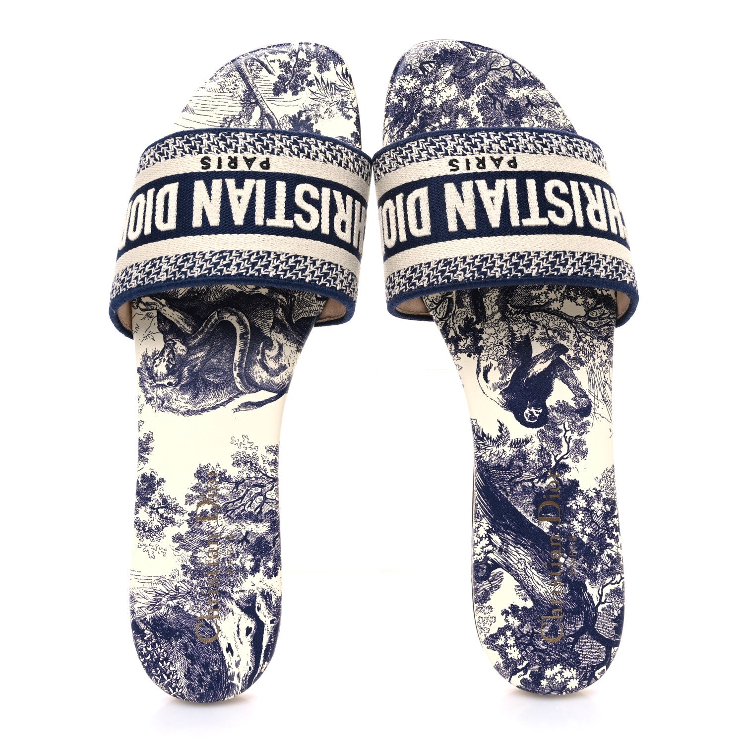 Christian Dior Canvas Toile de Jouy Embroidered Dway Flat Slide Sandals 39 Blue 2 of 11