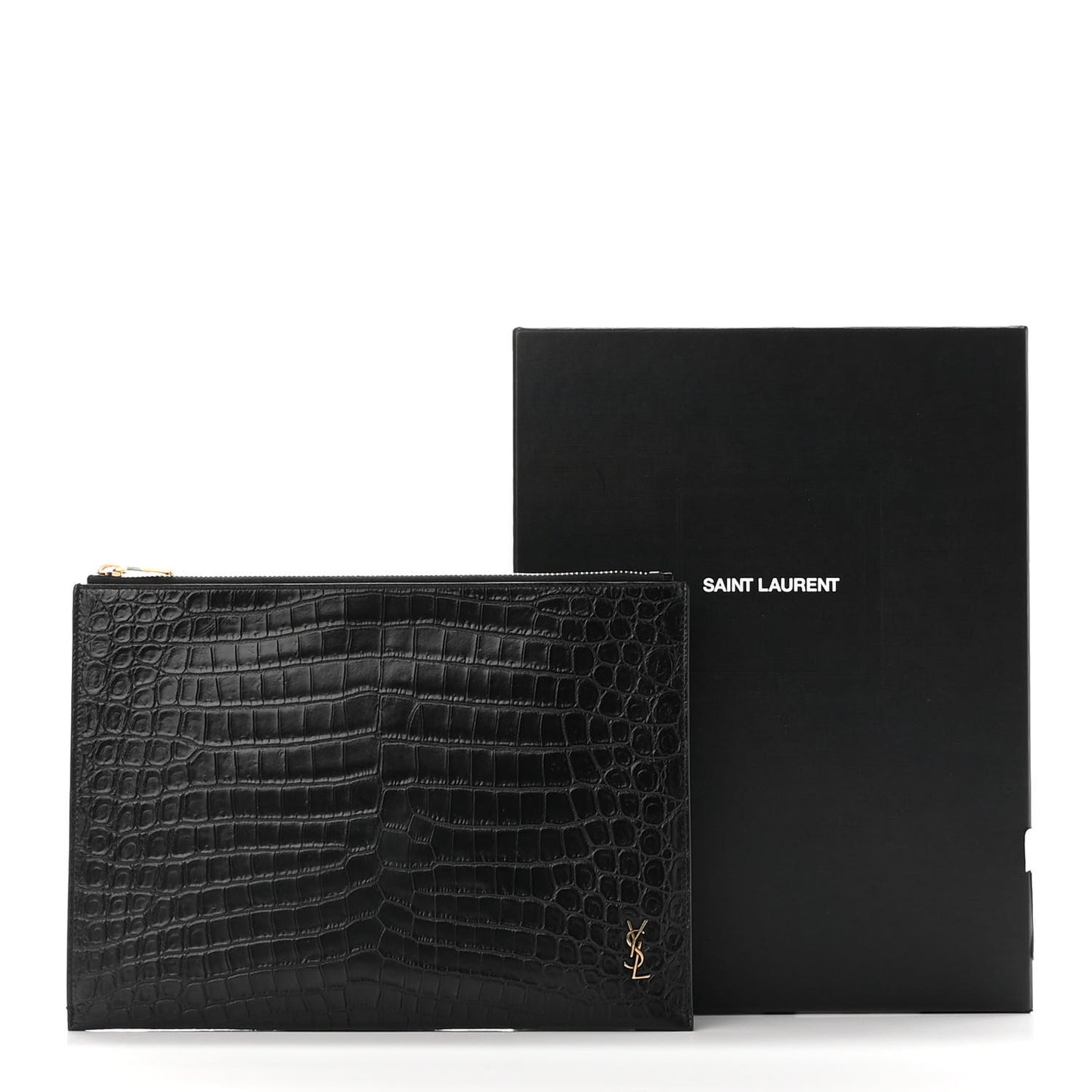 Calfskin Crocodile Embossed Tiny Monogram Zipped Tablet Holder Black