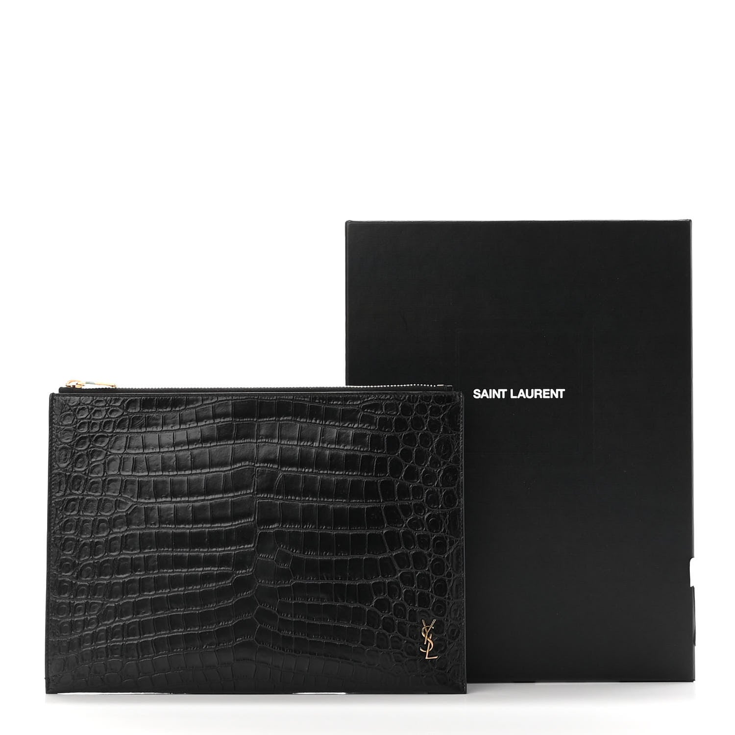 Saint Laurent Calfskin Crocodile Embossed Tiny Monogram Zipped Tablet Holder Black 9 of 9